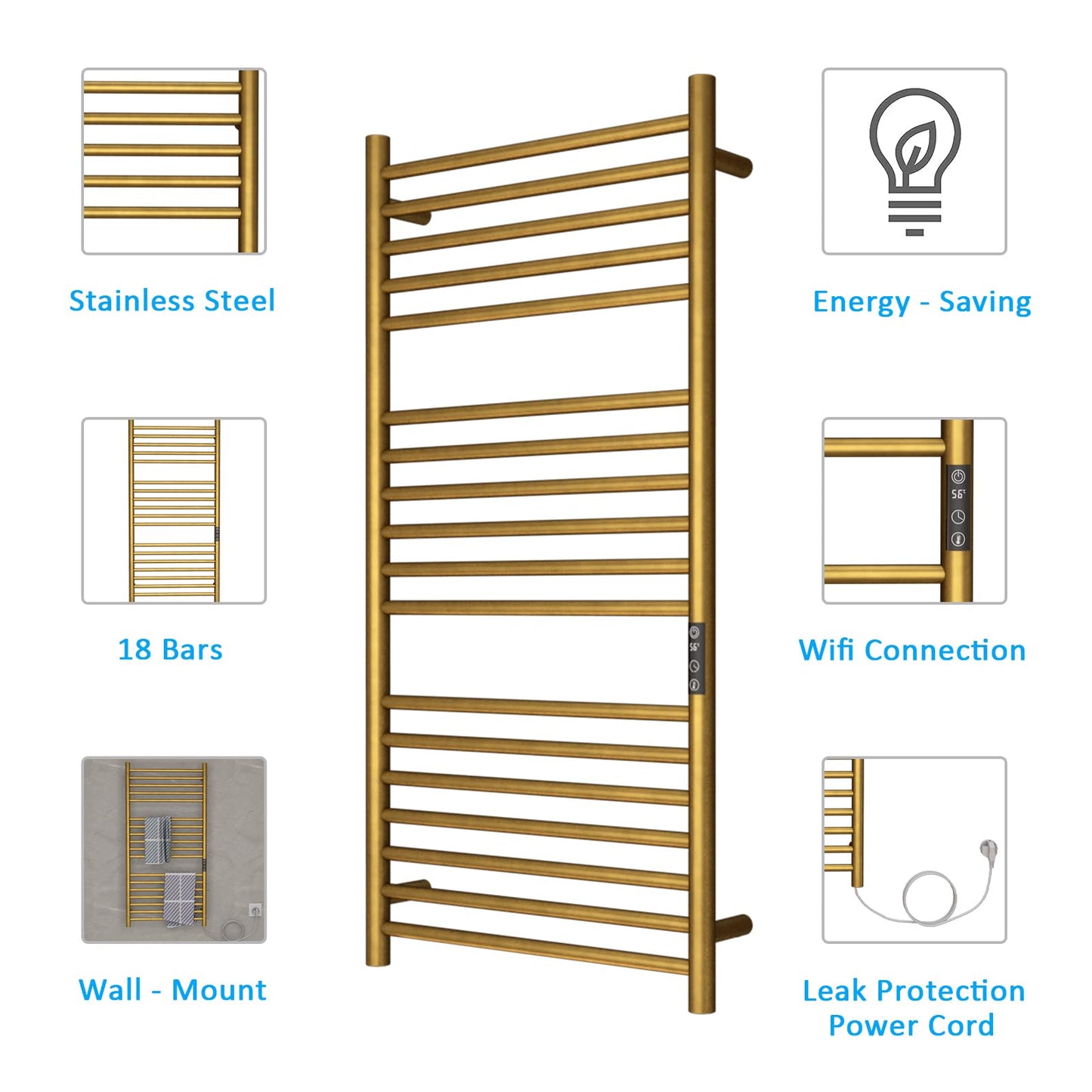 OihPaw Sèche-serviette électrique 550x1100mm 220W Porte-Serviettes Chauffant Chauffe-Serviettes Mural en Acier Carbone 30-70°C Minuterie pour Salle de Bain