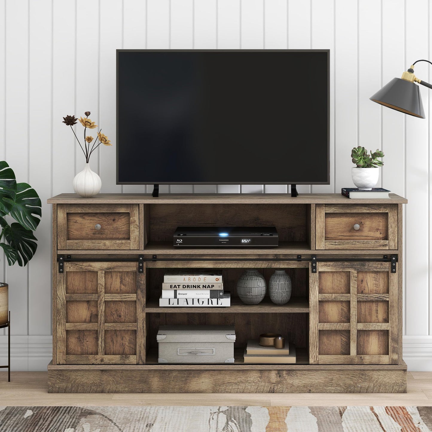 Meuble TV 150 cm Longueur Banc TV Gris Marron avec 2 Portes Coulissantes, 9 Compartiments de Rangement, 2 Tiroirs, Éclairage LED 16 Couleurs, Style Ferme Rétro en Grain de Bois pour TV Jusqu'à 60"