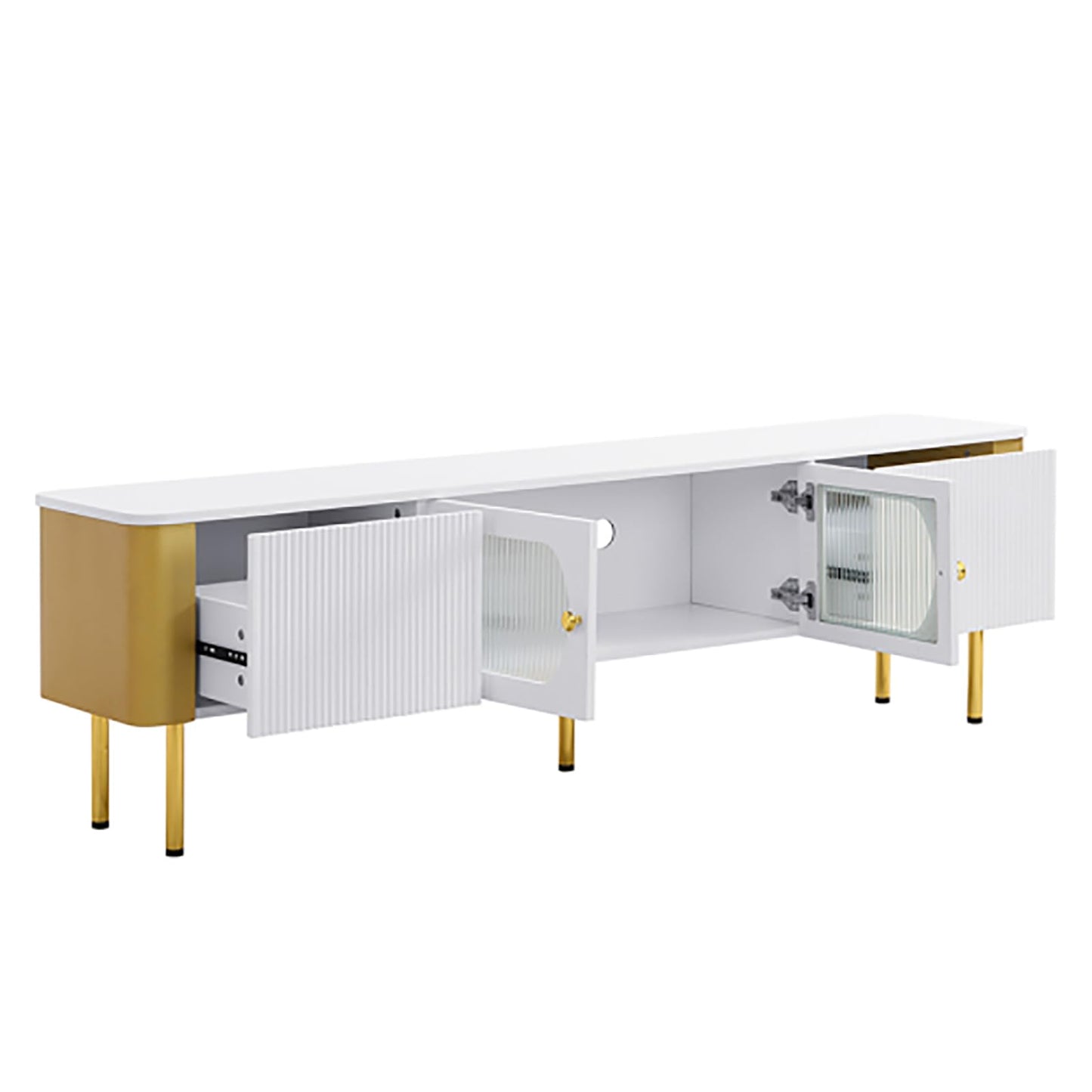 Meuble TV, Meuble TV avec tiroirs et armoires de Rangement, Panneaux latéraux et Pieds dorés, Porte d'armoire en Verre texturé, Meuble TV de Salon Blanc, Longueur 170 cm, Largeur 34 cm, Hauteur 45 cm