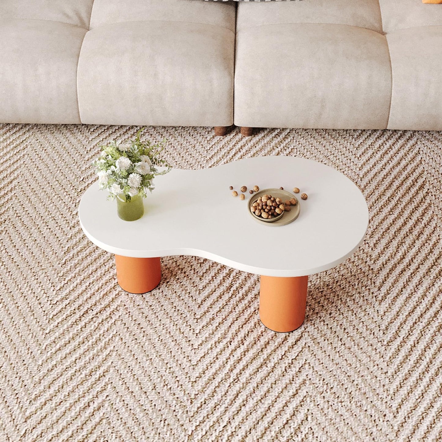 Peiaw Table Basse,Table Basse Minimaliste Moderne,Table Basse en Forme de Nuage,Table Basse Blanc et Orange,Colonne de Support cylindrique,Longueur 99,5 cm, Largeur 43~58 cm, Hauteur 35,5 cm