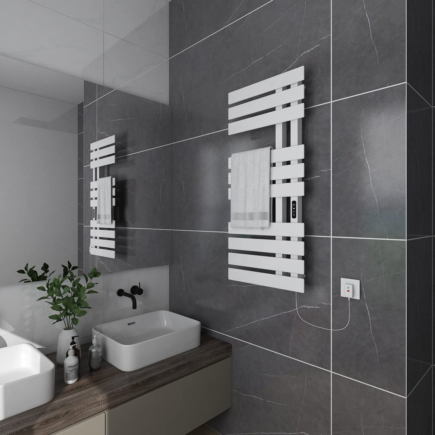 Elektrischer Handtuchhalter, 500 x 1100 mm, intelligenter thermostatischer Handtuchwärmer, wandmontierter Badezimmerheizkörper, beheizter Handtuchtrockner, energiesparend, LED-Anzeige, weiß rechts