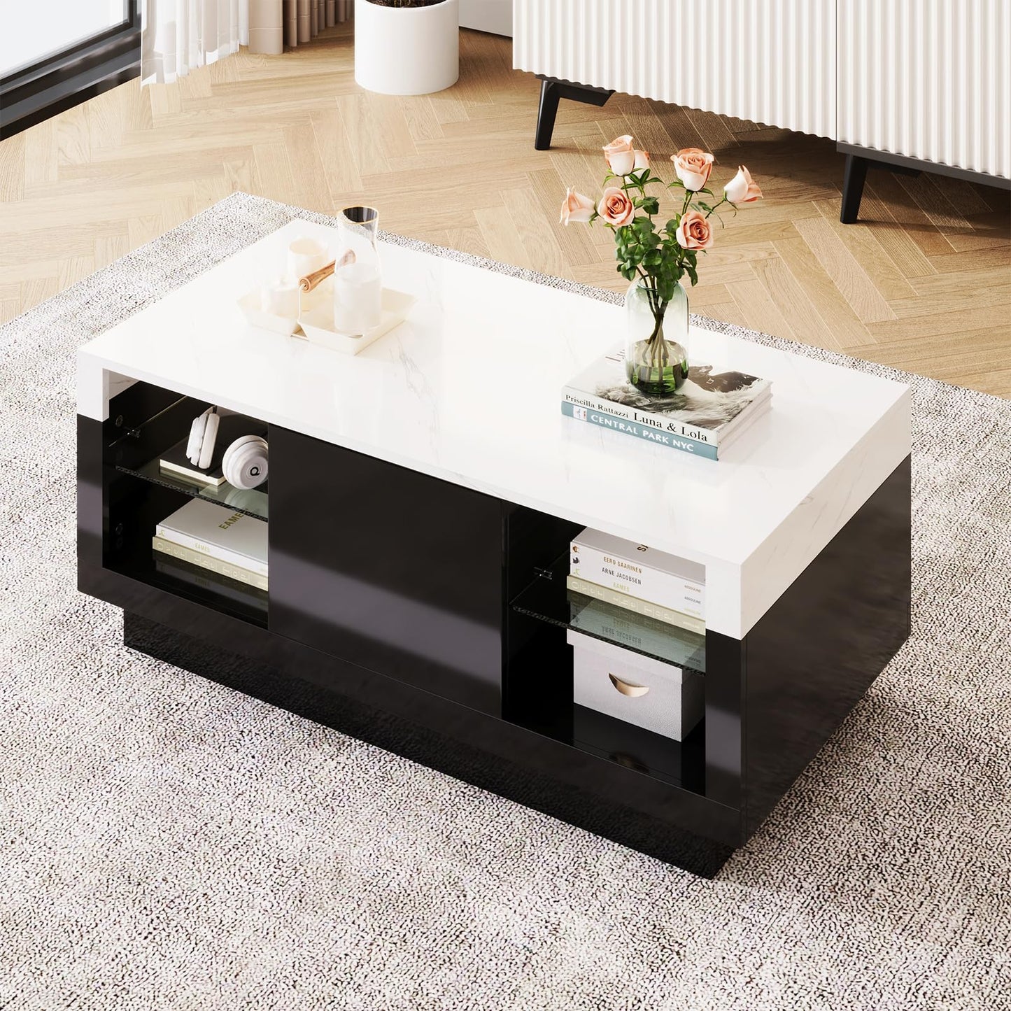 Table basse,Table basse salon,Table basse blanche et noire,Table basse aspect marbre brillant,Table basse avec un tiroir,Cloisons en verre des deux côtés avec éclairage LED,Table basse 100x42x50cm