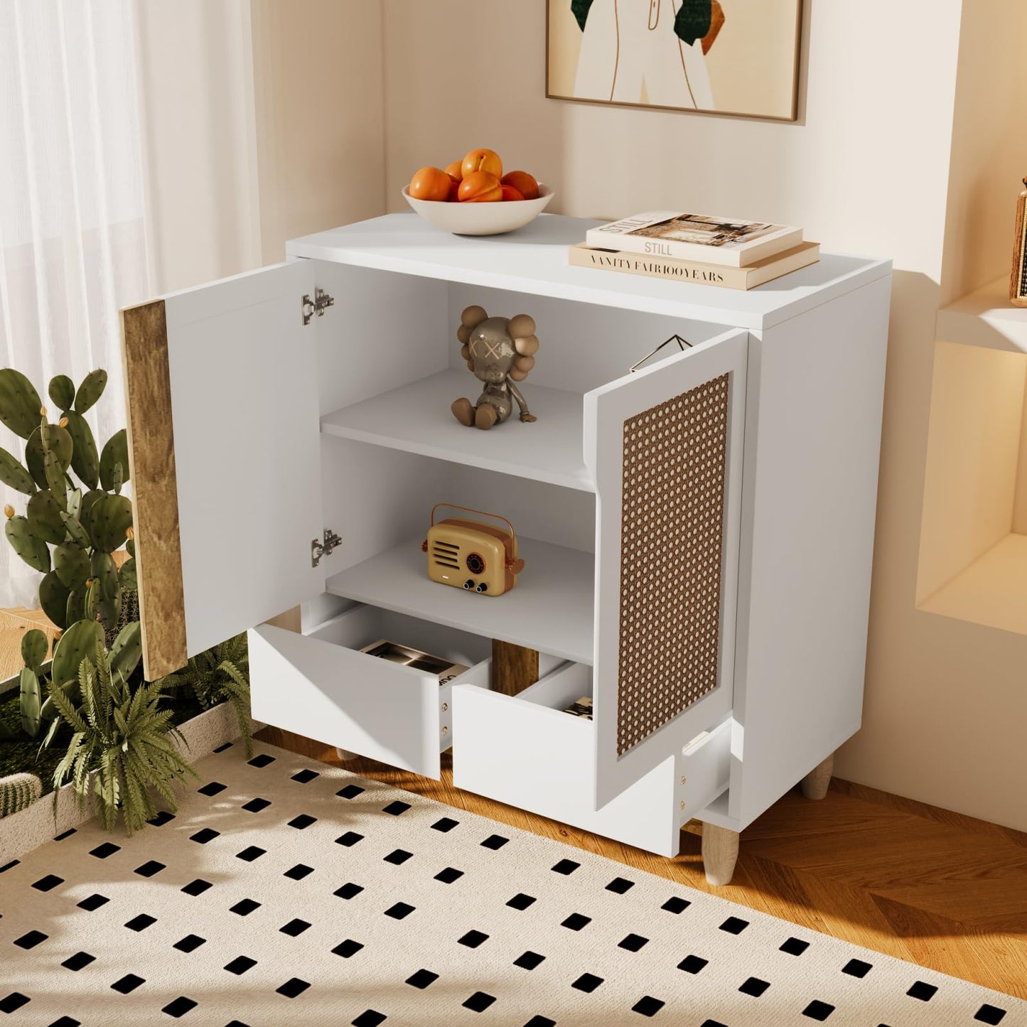Buffet,meuble de cuisine rangement,Buffet en bois blanc,Buffet avec 2 portes et 2 tiroirs,Buffet avec pieds en bois massif et porte imitation rotin,Meuble de rangement entrée salle à manger 80 x 40 x