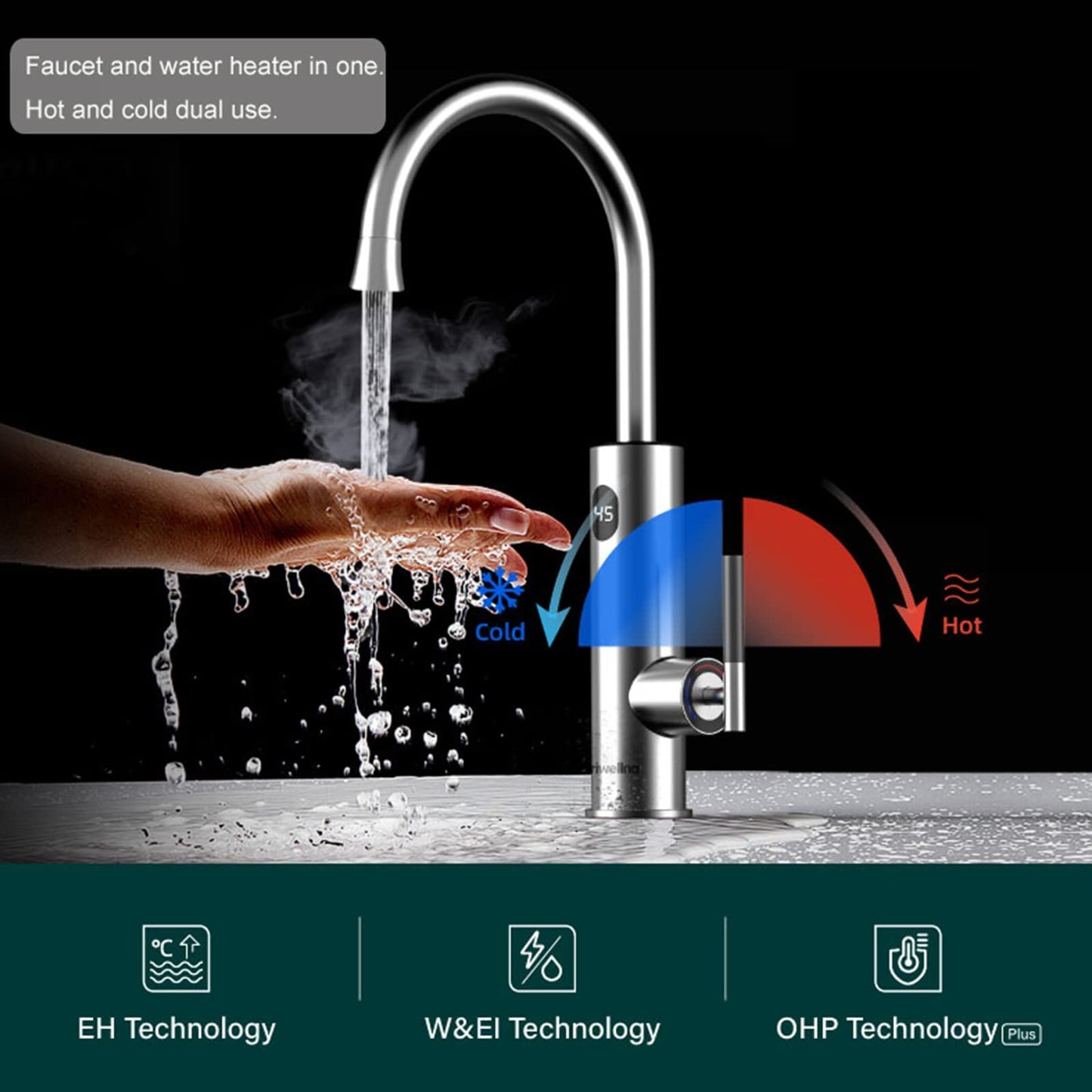 Robinet électrique avec chauffe-eau instantané 220 V pour cuisine, 3200 W, avec affichage de la température LCD, rotation à 360 °, avec chauffe-eau instantané, argent