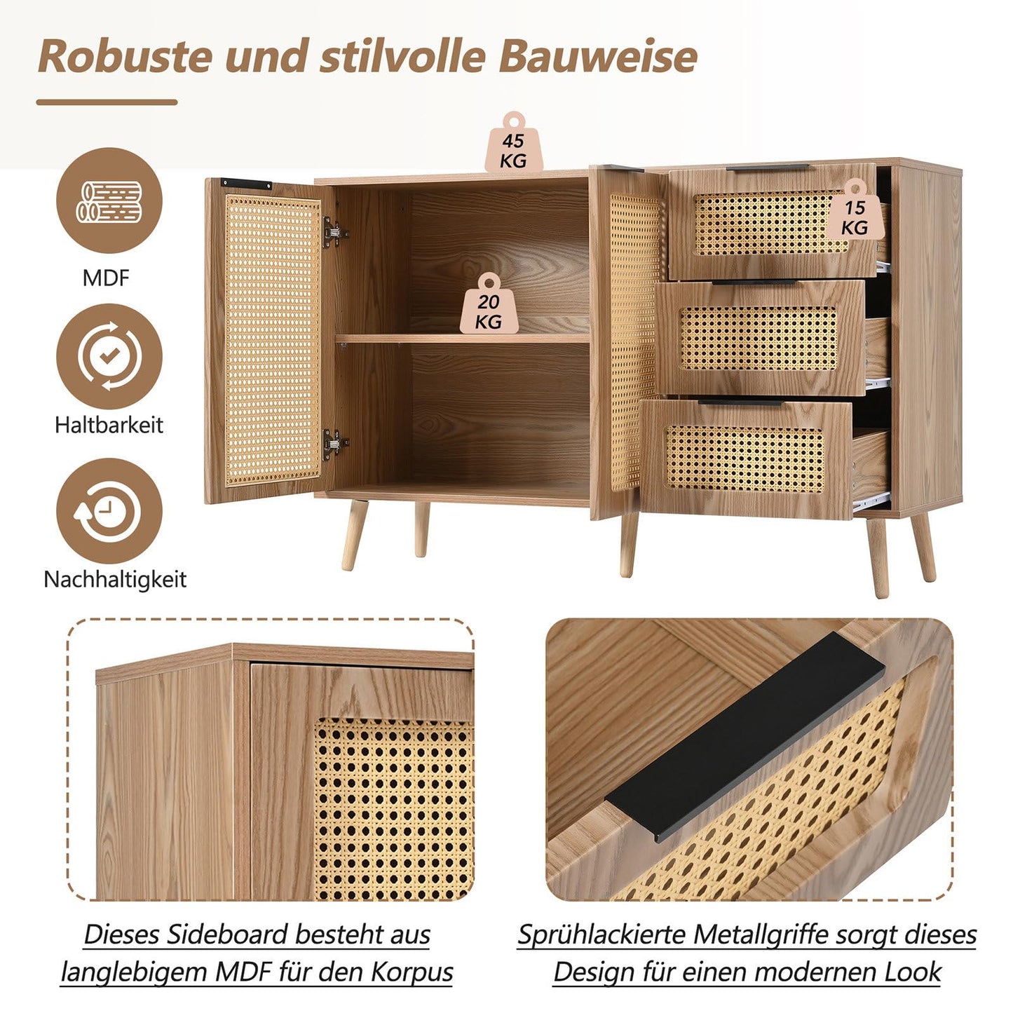 Meuble de Rangement, Buffet de Cuisine avec 2 Portes et 3 Tiroirs, Armoire de Salon Conception de Tissage en Rotin, Étagère Rangement Étagères Réglables, Poignée en Métal Peint, 120x38x78cm