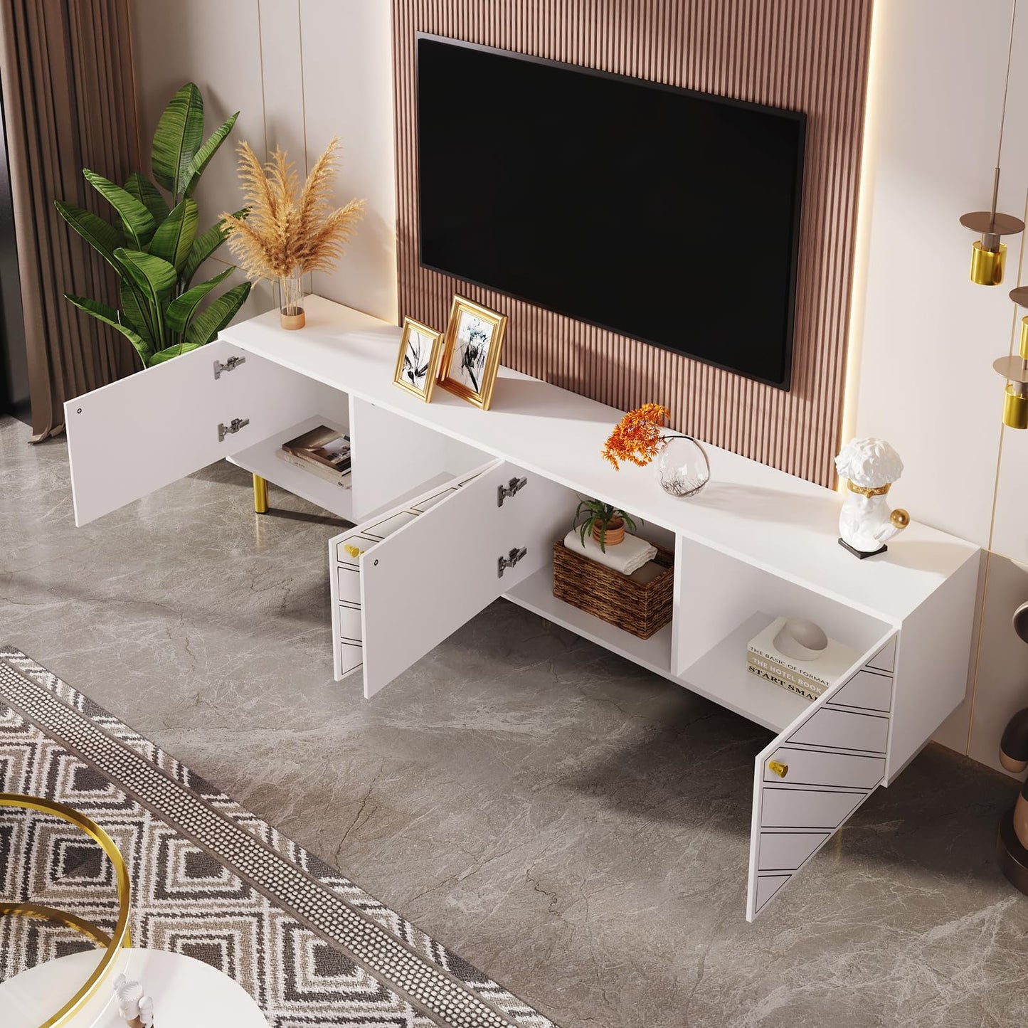Peiaw Meuble TV,Meuble TV Blanc,Salon Chambre Meuble TV,Peut accueillir des téléviseurs jusqu'à 50 Pouces,Meuble TV à Quatre Portes,170x38x50cm,adapté aux Chambres et aux Salons.