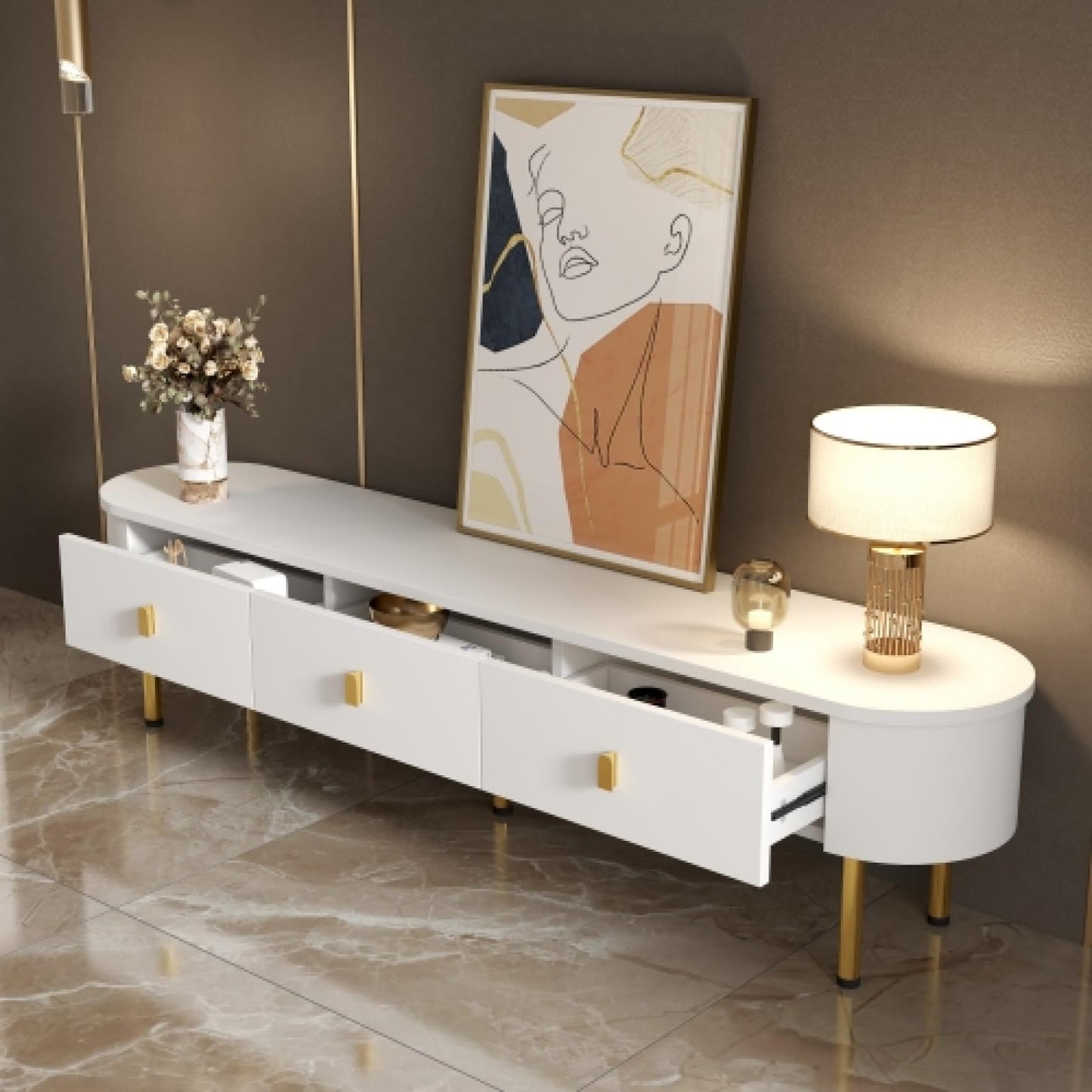 Meuble TV, Meuble TV Blanc avec Trois tiroirs, Meuble TV, Banc TV avec côtés incurvés, Meuble TV de Salon Peut contenir jusqu'à 60-69 Pouces, la Taille de la Table TV est de 174 cm X 35 cm X 41 cm