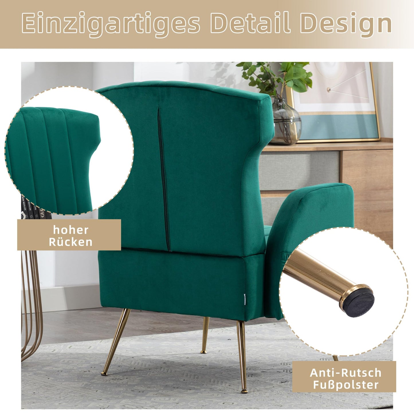 SHUGUANG Fauteuil Confortable Velours, Fauteuil Salon Confortable Chaise Coiffeuse avec Pieds Métalliques Dorés, Forme de Chaise Cigare Chaise de Lecture en Vigueur Chambre à Coucher, Salon