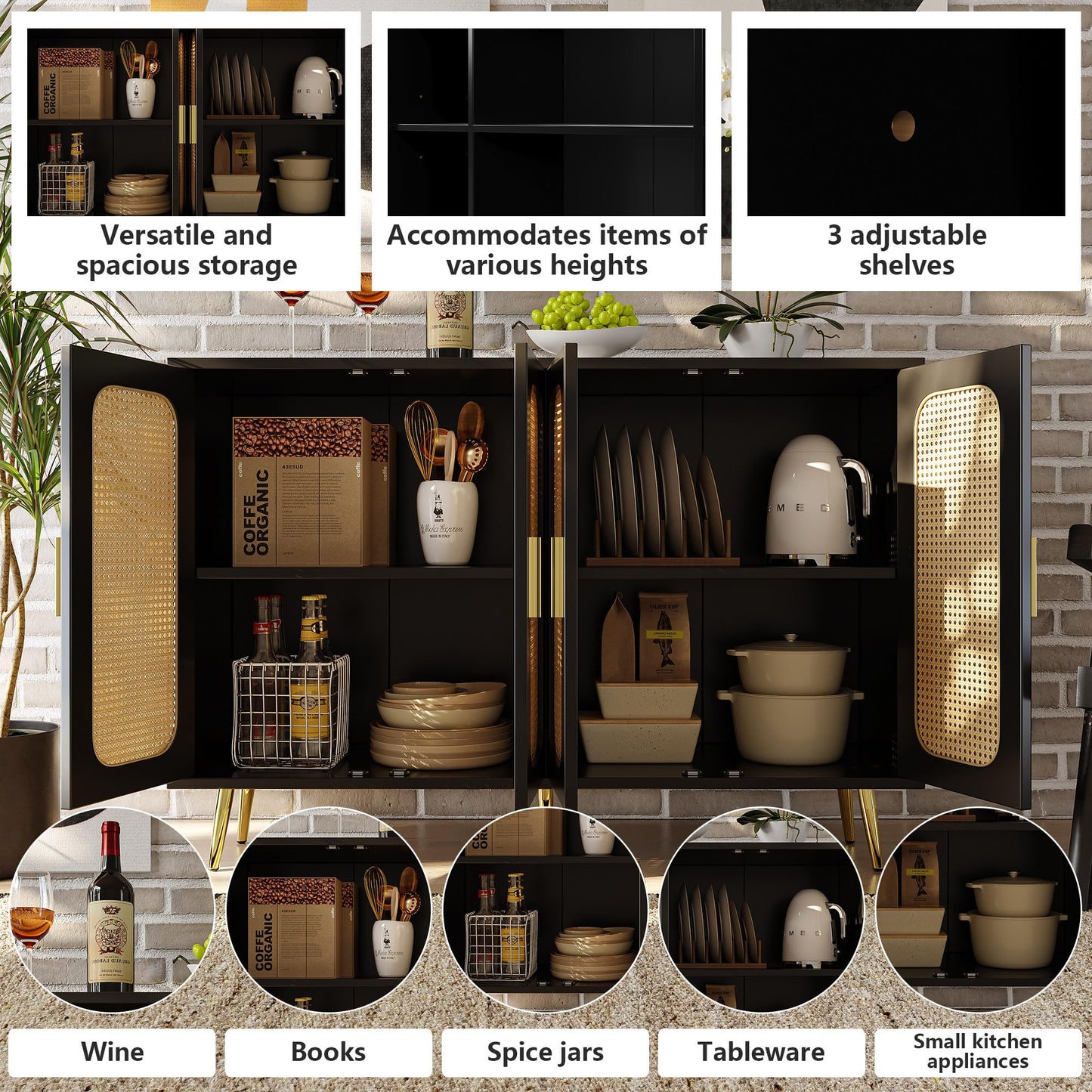 Buffet de Salon Simple et Moderne, Bahut Latérale en Rotin, Armoire de Buffet Bois Indépendante, Armoire de Cuisine, Poignées et Pieds Dorés, Conception Anti-basculement, Noir, 120 x 30 x 89 cm