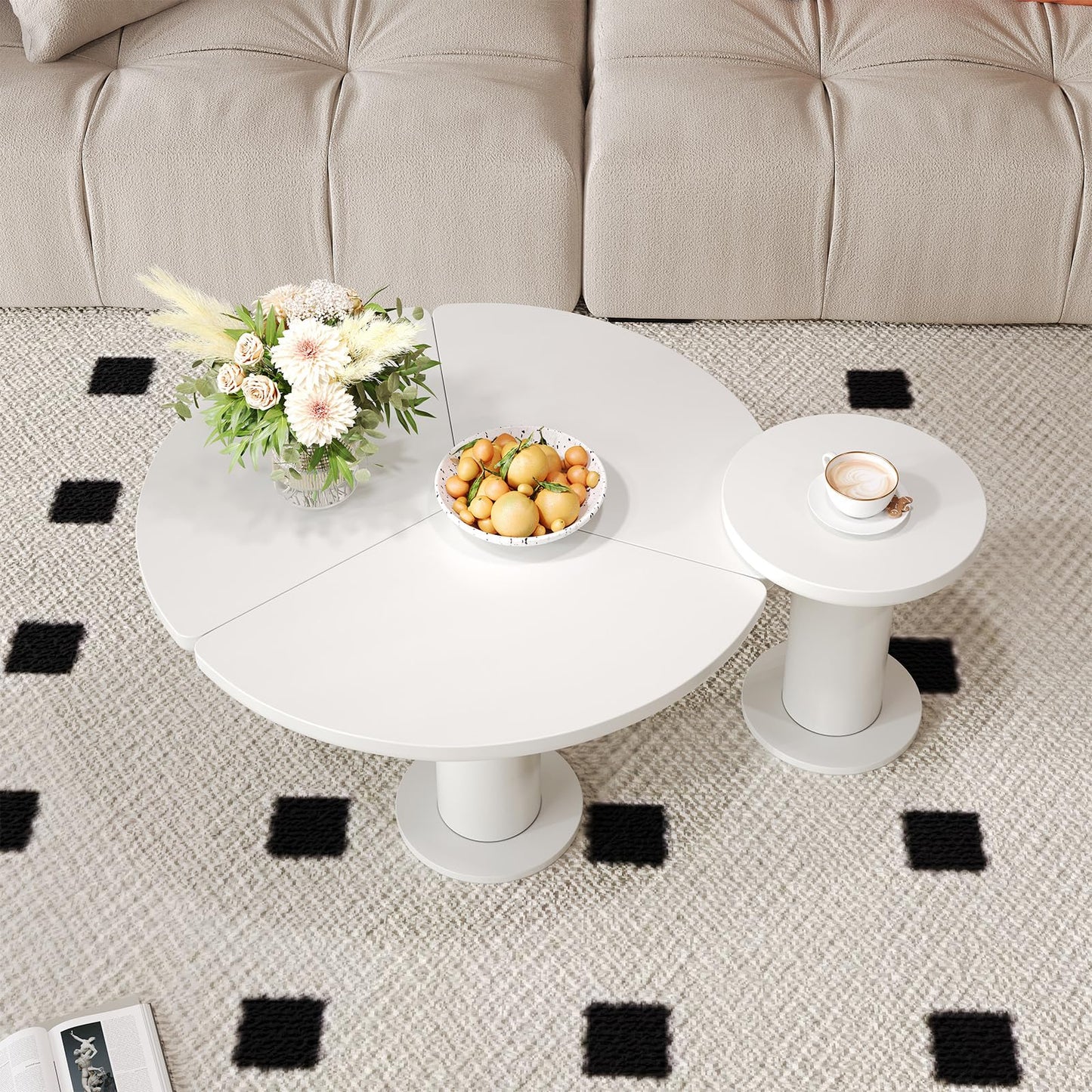 Peiaw Table Basse,Table Basse Minimaliste Moderne,Ensemble de Table Basse Ronde,Table Basse Style crème Blanc,Colonne de Support cylindrique,Table Basse 39,8 x 39,8 x 42,2 + 100 x 100 x 40 cm