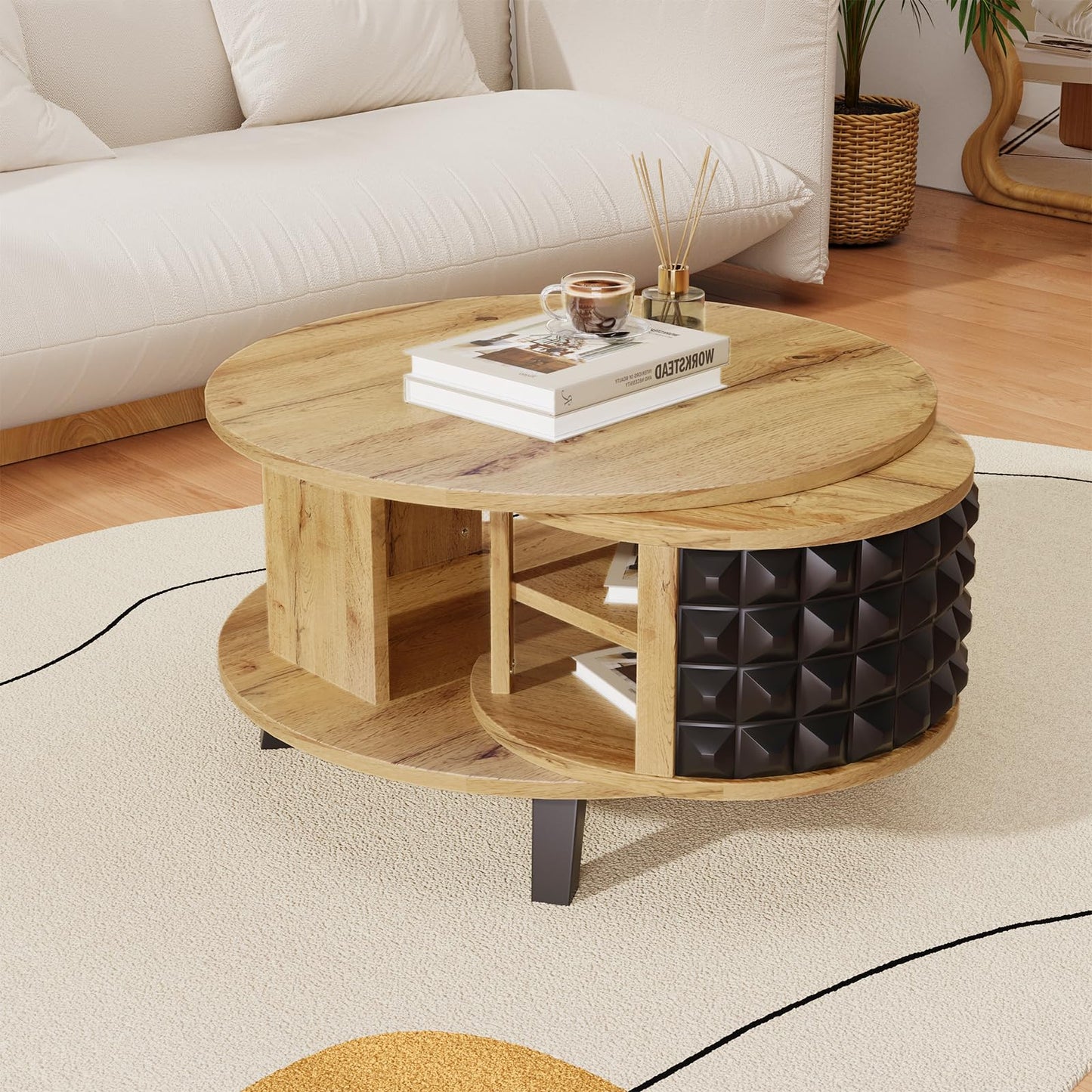 Table basse, table pivotante, table basse ronde, avec étagère interne cachée, table basse couleur bois avec pieds noirs, étagère de rangement rotative à 360 degrés, table basse 85,2 x 80 x 45,2 cm