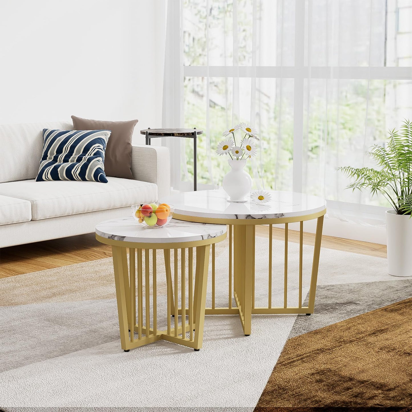 Peiaw Table Basse,Table de Salon,Table Basse Ronde,Lot de 2 Tables Basses,Table de Salon Moderne,Aspect marbre Blanc Brillant et Cadre en Acier doré,Table de Salon 70x70x50cm et 50x50x45cm