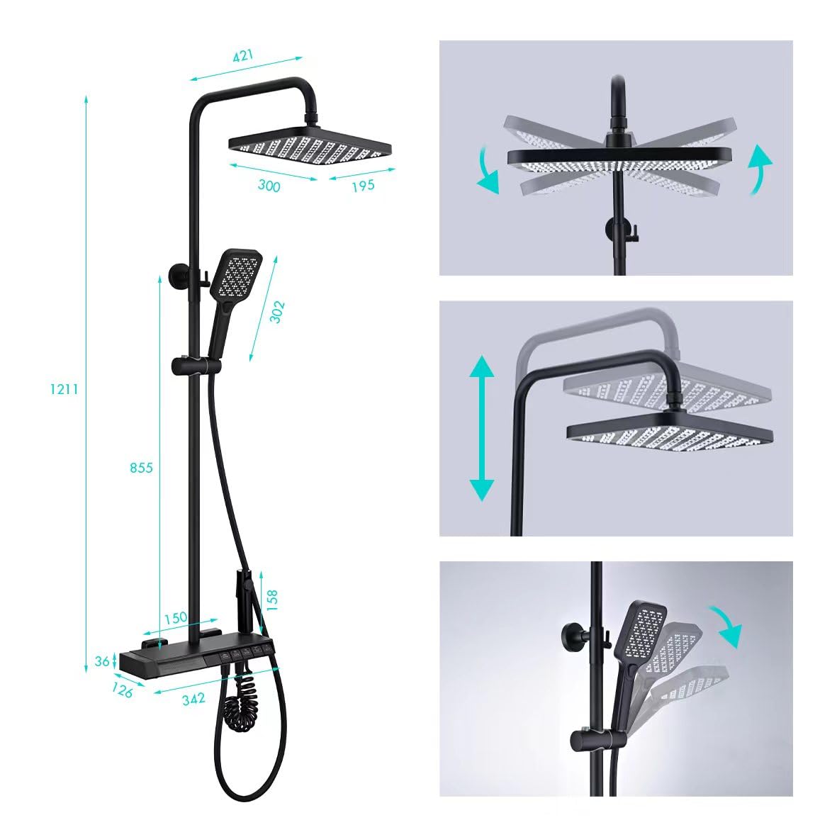 OihPaw Colonne De Douche Thermostatique Noir Ensemble de Douche 5 Fonctions Système de Douche avec Affichage Numérique LED,Douche de Tête 30x20CM,Pommeau Douche 3 Modes