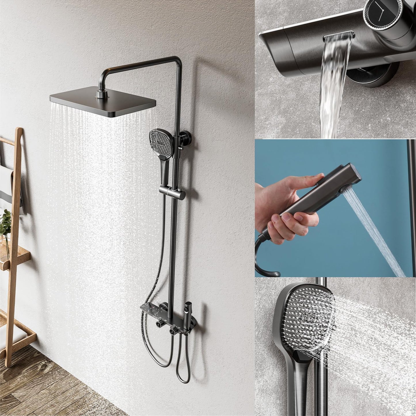 Colonne De Douche Thermostatique Ensemble De Douche Mural 4 Fonctions Avec Pommeau De Douche 32x22cm, Douchettes à Main, Robinets De Baignoire à Cascade Et PulvéRisateurs De Bidet(Gris Pistolet)