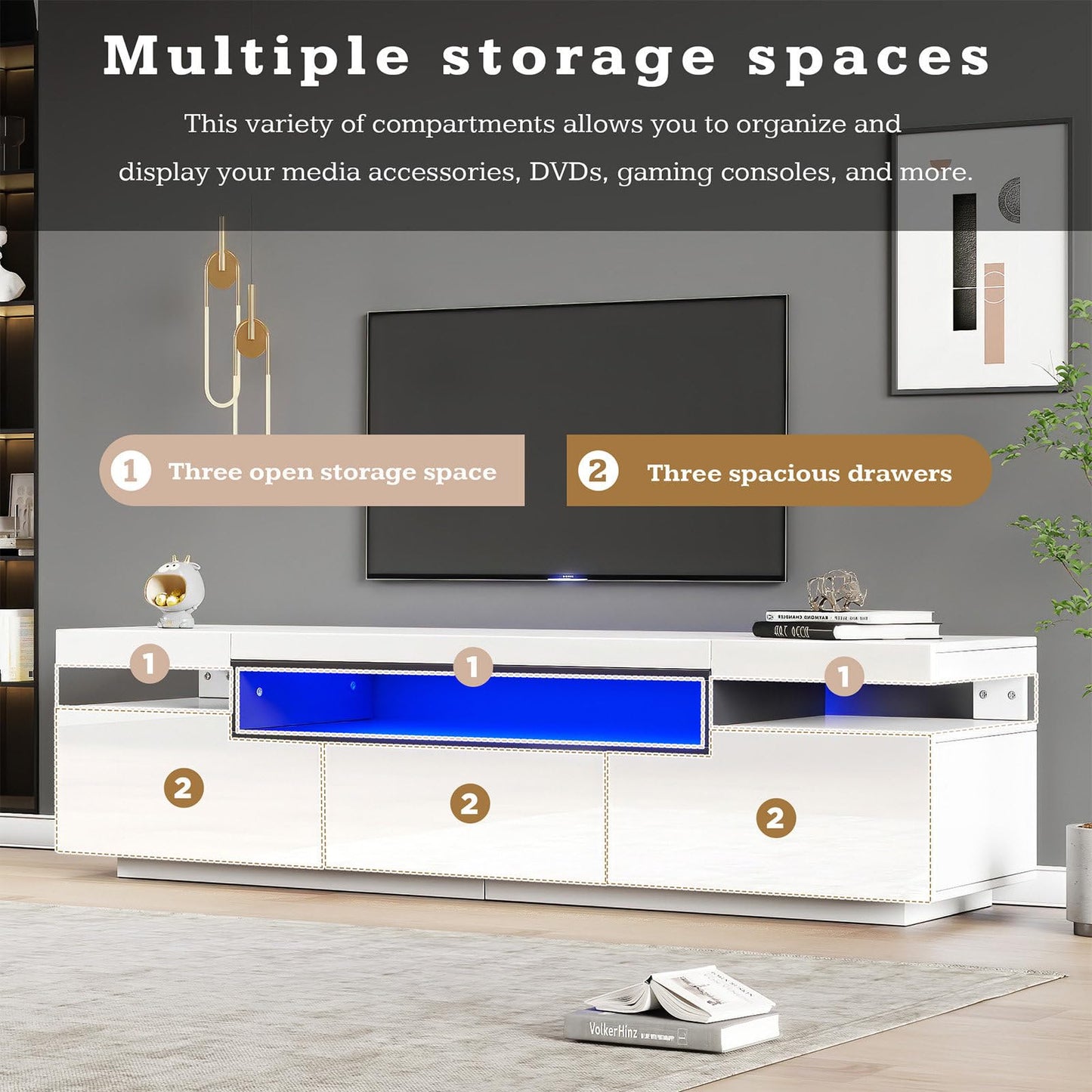 Meuble TV de 160 cm - Peut accueillir des téléviseurs de 70 à 79 pouces - Avec éclairage LED 16 couleurs - Design brillant élégant avec 3 tiroirs - Rail coulissant de qualité supérieure - 160 x 39 x