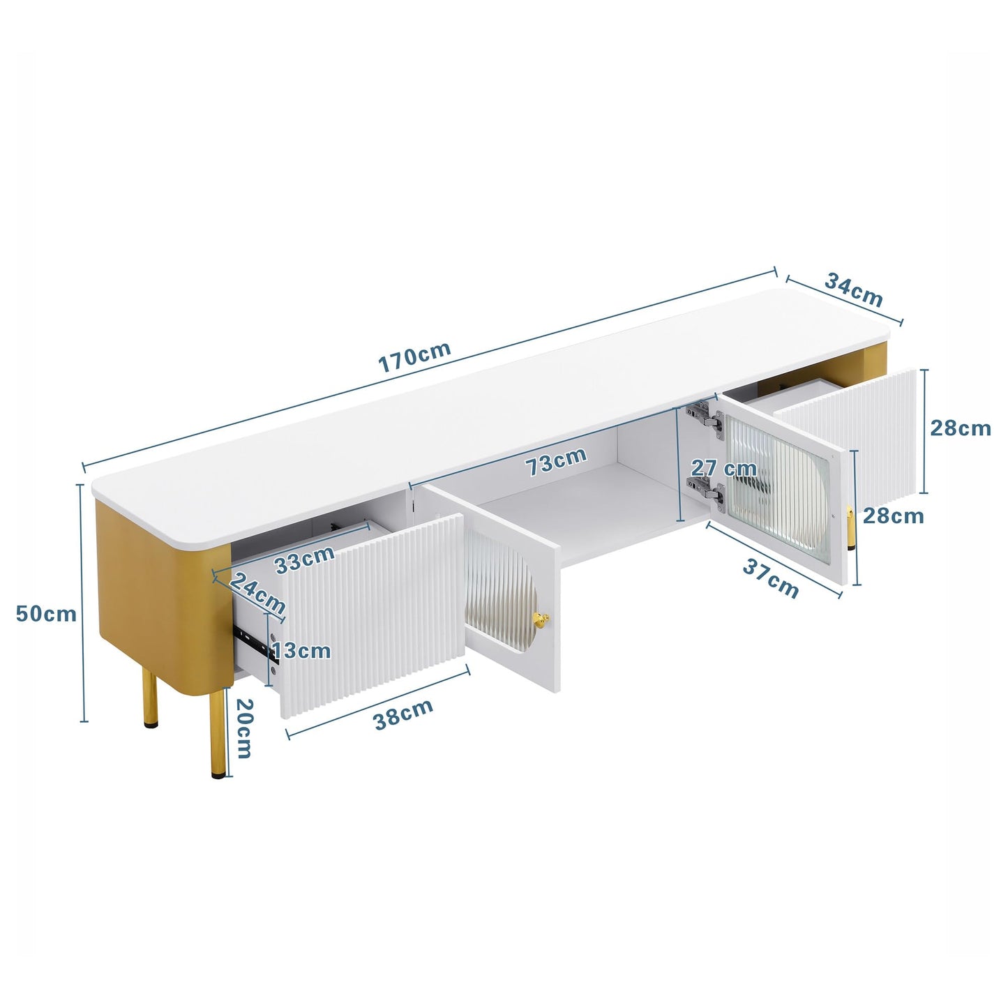 Meuble TV Moderne 170 cm Banc TV pour Téléviseurs Jusqu'à 65 Pouces, Tiroirs et Panneaux de Porte de Forme Spéciale, Poignées et Pieds Dorés, Forme D'arc, Élégant Luxueux Meuble Salon, Meuble TV Bas