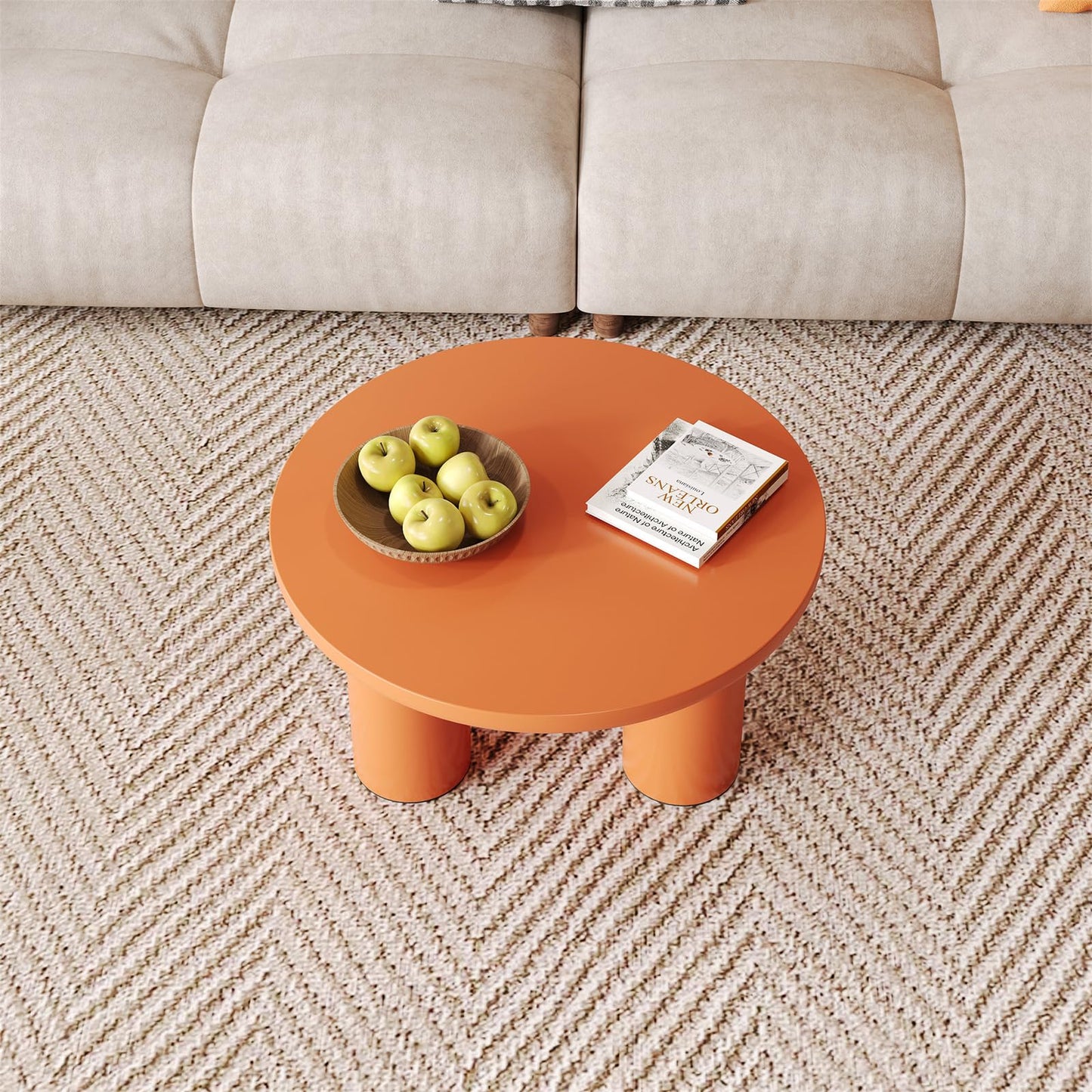 Peiaw Table Basse,Table de Salon,Table Basse Minimaliste Moderne,Table Basse Ronde,Table Basse de Salon Orange,Colonne de Support cylindrique,Table Basse diamètre 72,2 cm, Hauteur 35,35 cm