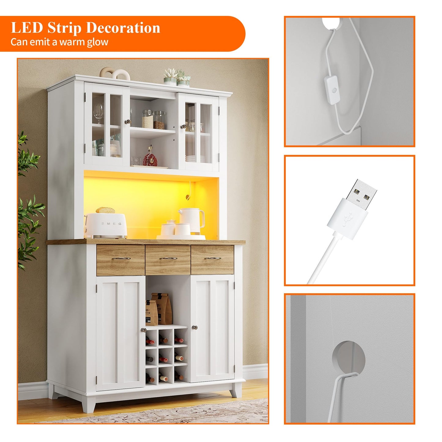 Armoire de Cuisine, Enfilade Buffet Haute, Vitrine avec Étagères Réglables et Casier à Vin, Buffet de Salon avec Éclairage LED, Beaucoup D'espace de Rangement, 106*40*179.5cm (Tiroirs Blanc/Bois)