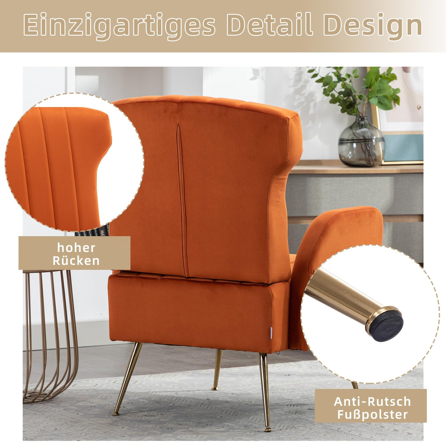 SHUGUANG Fauteuil Confortable Velours, Fauteuil Salon Confortable Chaise Coiffeuse avec Pieds Métalliques Dorés, Forme de Chaise Cigare Chaise de Lecture en Vigueur Chambre à Coucher, Salon