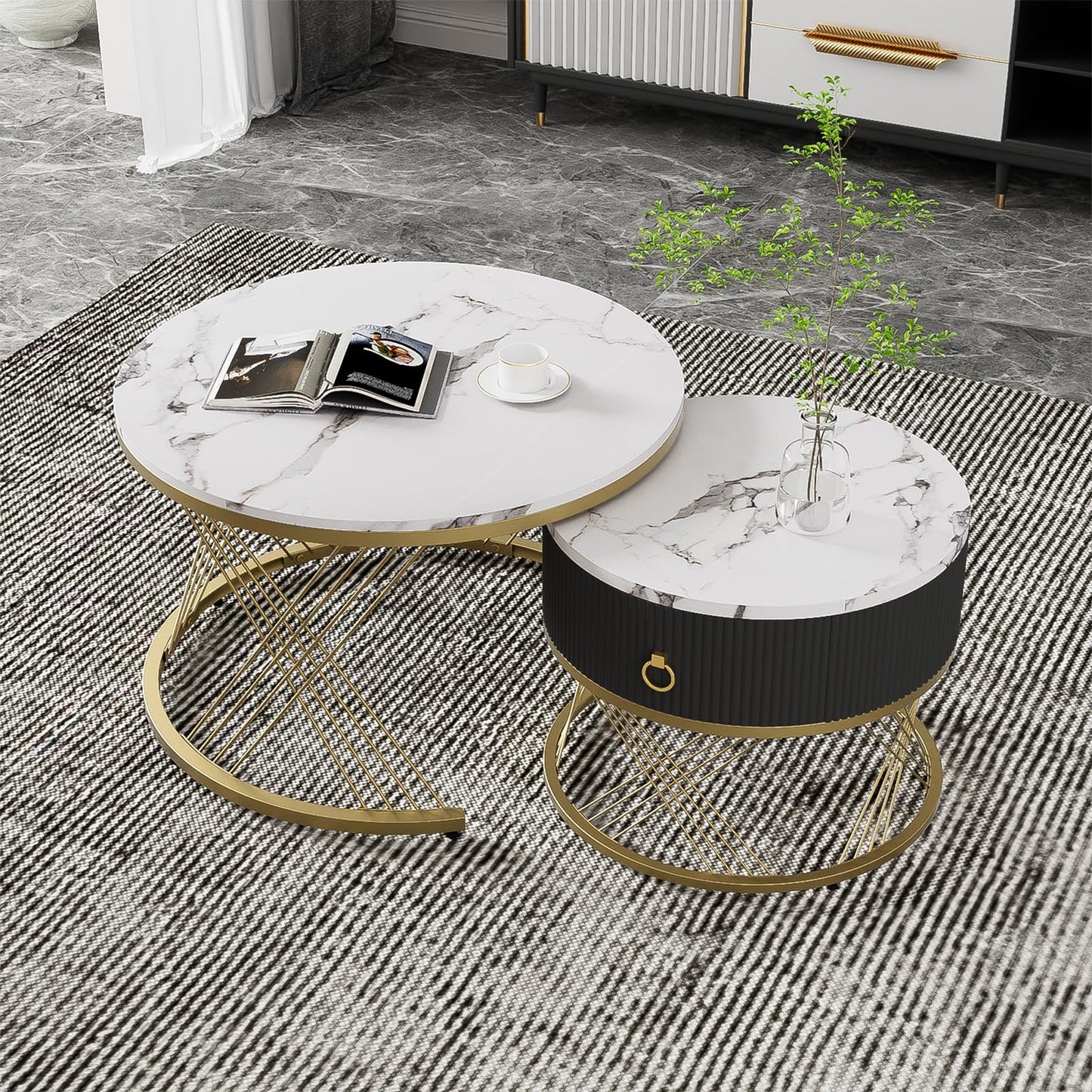 Table Basse,table basse ronde blanc,Lot de 2 Tables Basses de Salon Gigognes avec tiroirs, table de salon moderne aspect marbre et structure en acier doré, table de salon 70x70x45cm et 50x50x40cm