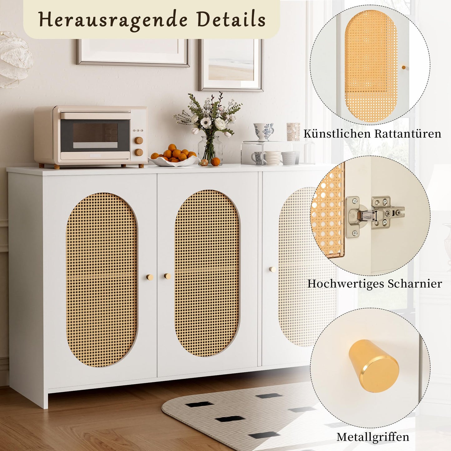 SHUGUANG 125 x 38 x 78 cm Buffet Moderne, Armoire Cuisine avec 3 Portes d'armoire Avoir Grand Espace de Rangement et Portes en Rotin Artificiel, Buffet de Salon Applicables à Salon, Salle à Manger