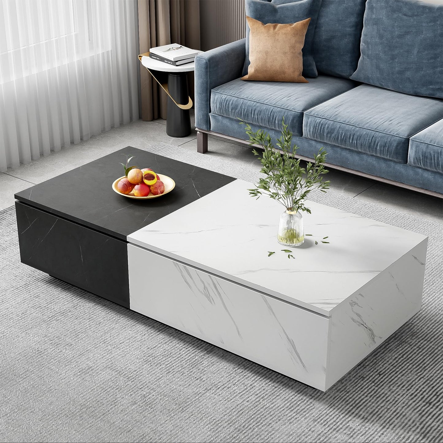 Peiaw Table Basse,Table de Salon,Aspect marbre Noir et Blanc,Deux Portes de Placard,avec Espace de Rangement,Table de canapé équipée de charnières amortissantes,Table Basse de 110 x 50 x 28 cm