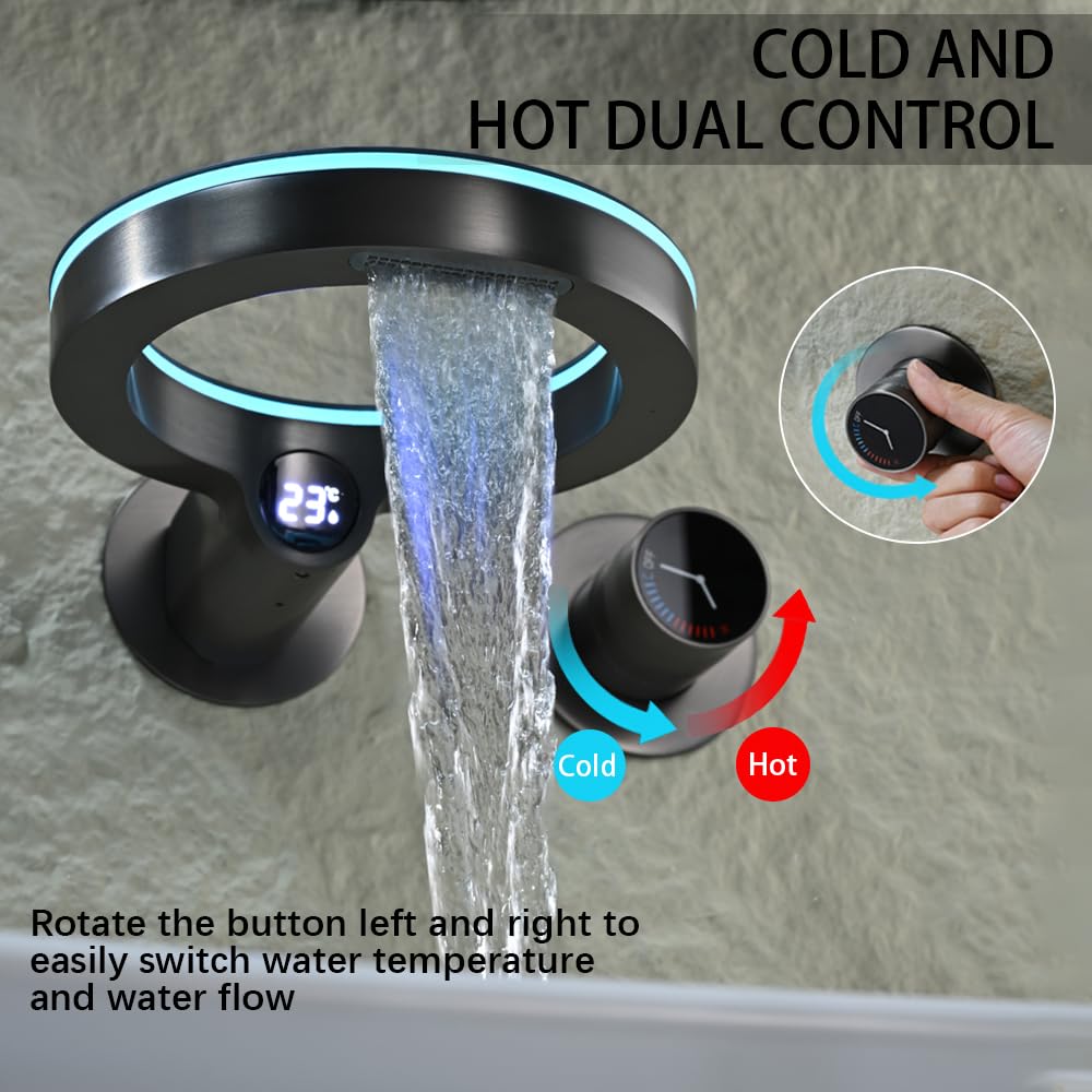 Robinet Lavabo, Gris Pistolet Robinet Mural Affichage de La Température LED Robinet Salle Bain eau Chaude et Froide Mitigeur Salle de Bain Robinet Cascade Mural Salle de Bain