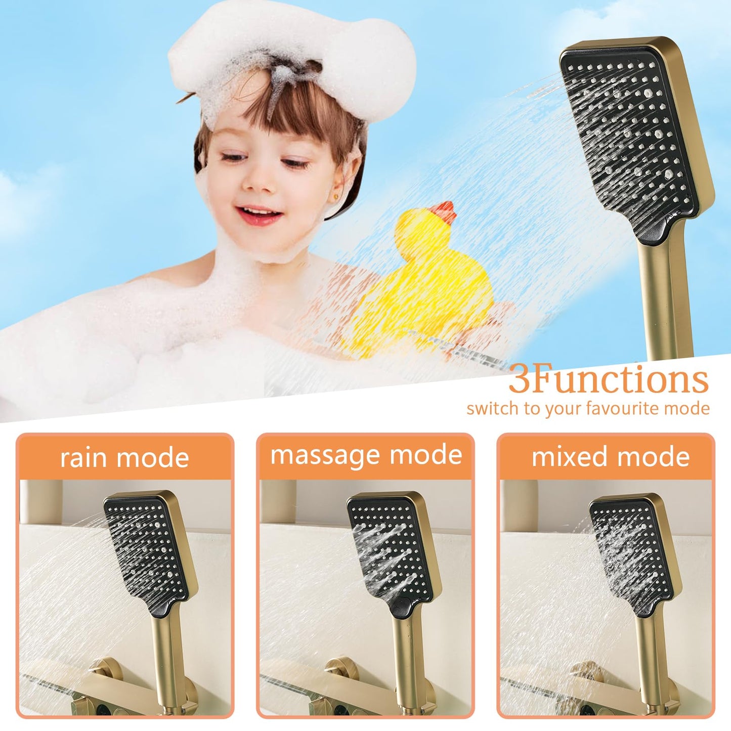 Robinet De Baignoire Cascade avec Affichage de la Température, Or Brossé Mitigeur Baignoire Mural avec Douchette À 3 Fonctions Robinet Pour Bain De Salle De Bain, 1.5M PVC Tuyau