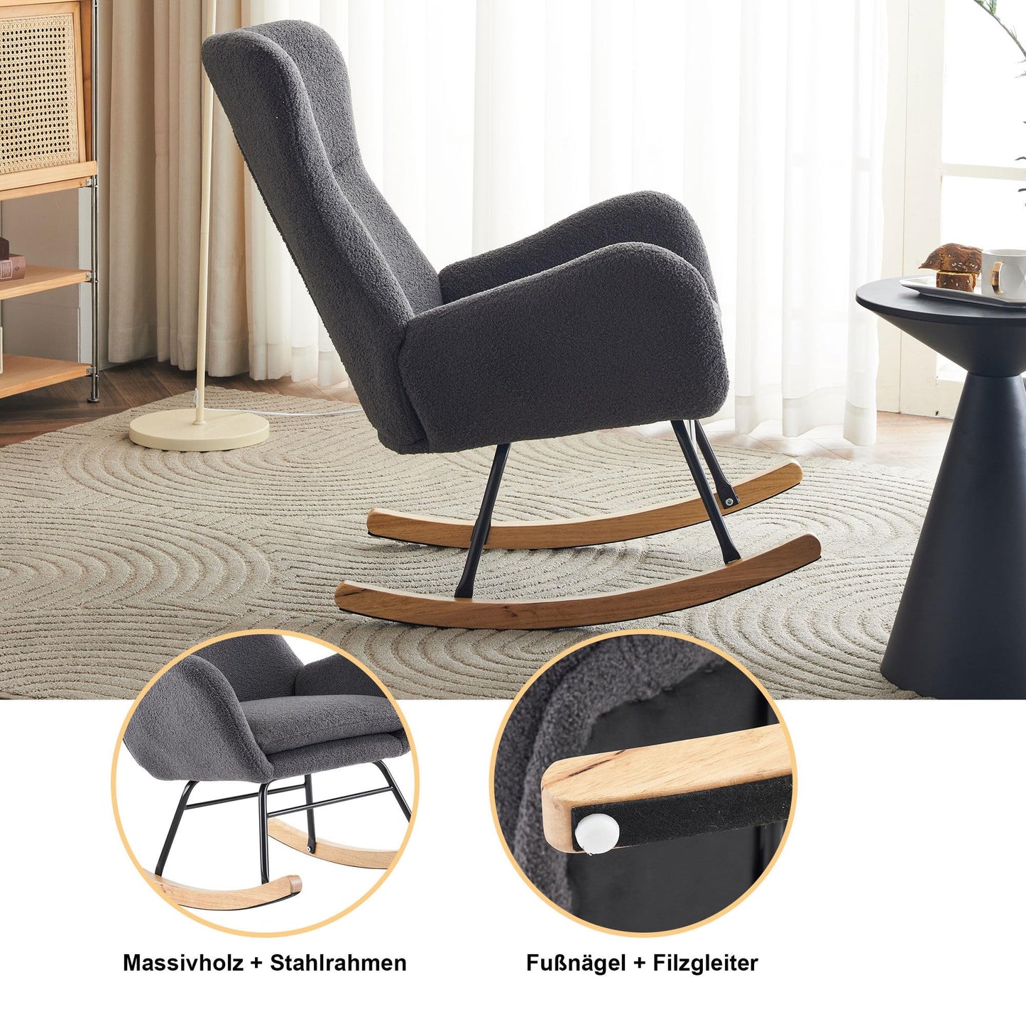 SHUGUANG Chaise a Bascule avec Cadre en Bois Massif, Fauteuil À Bascule Teddy-Fleece-Stoff, Conception Simple Chaise de Lecture Fauteuil Bascule en Vigueur Chambre à Coucher, Salon