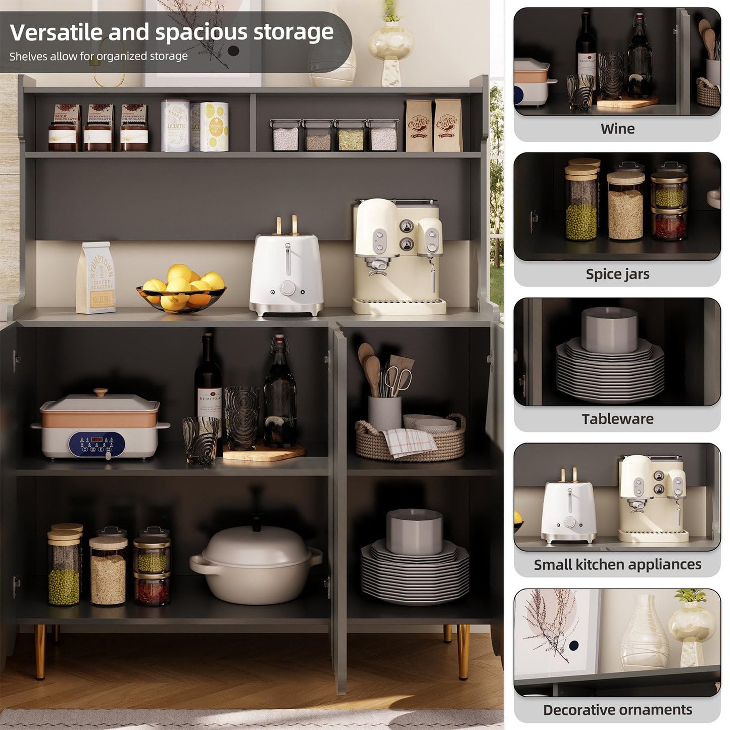 Buffet de Cuisine, Armoire de Cuisine 2 Placards Portes, Vaisselier Cuisine Anti-basculement, Meuble Cuisine Rangement Conception Ouverte, Grande Capacité, Style Simple, 120 x 40 x 151cm