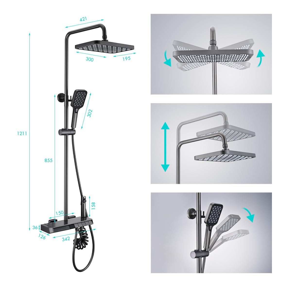 OihPaw Colonne De Douche Thermostatique Gris Ensemble de Douche 5 Fonctions Système de Douche avec Affichage Numérique LED, Douche de Tête 30x20CM, Pommeau Douche 3 Modes