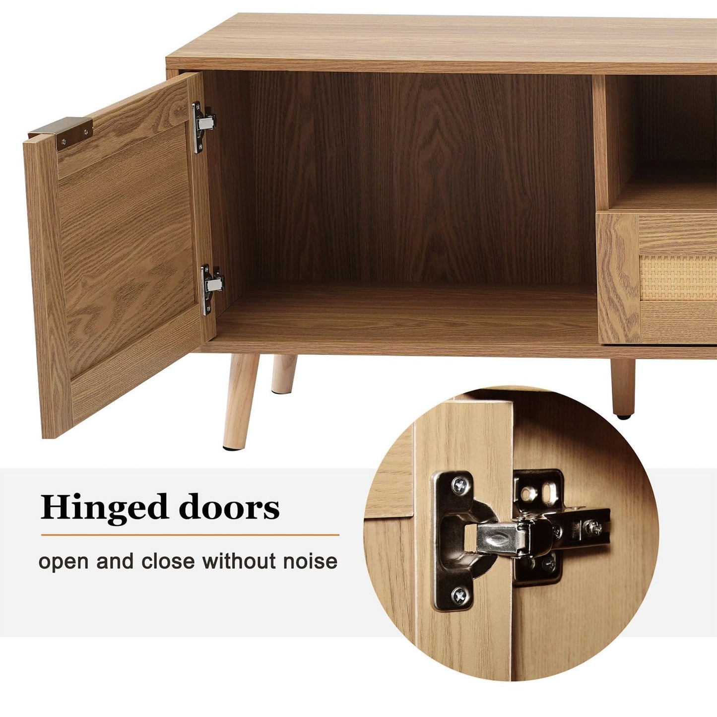 Meuble TV 200cm, Armoire De Télévision Rotin Tressé, Meuble Télé de Salon Pieds D'armoire Réglables, Table Télévision Convient Aux Téléviseurs de 90 Pouces, 2 Portes, 2 Tiroirs et 2 Étagères Ouvertes