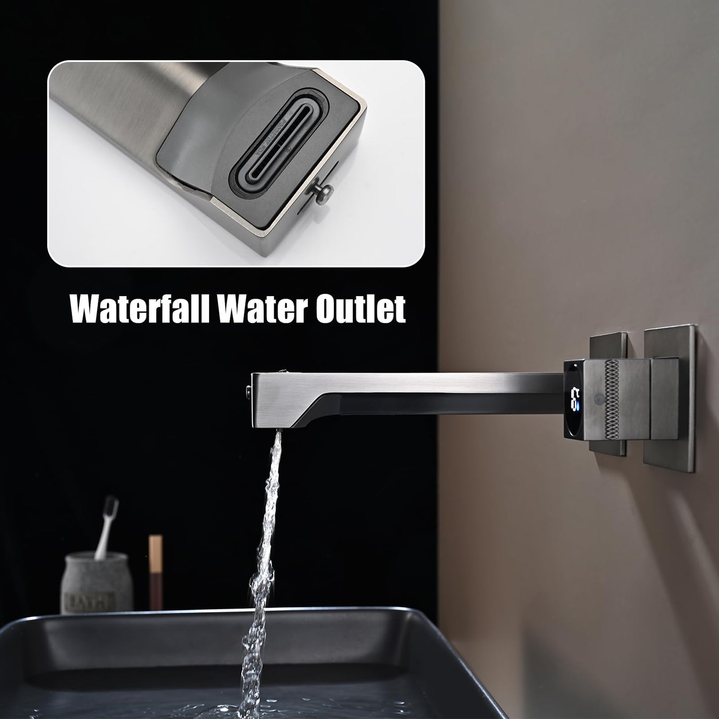 Mitigeur Lavabo Affichage Numérique LED Robinet Lavabo Gris Pistolet Robinet Cascade Mural Robinet Salle de Bain 3 Fonctions Mitigeur Salle de Bain avec Boîte Intégrée