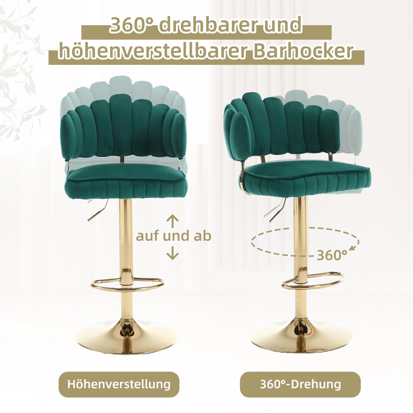 Tabouret Bar Lot de 2 Pivotants Velours Chaise de Bar à Hauteur Comptoir avec Dossier, Repose-pieds, Chaise Haute Bar Comptoir Réglables, Chaises D'îlot pour Salle à Manger, Noir/Gris/Ivoire/Émeraude