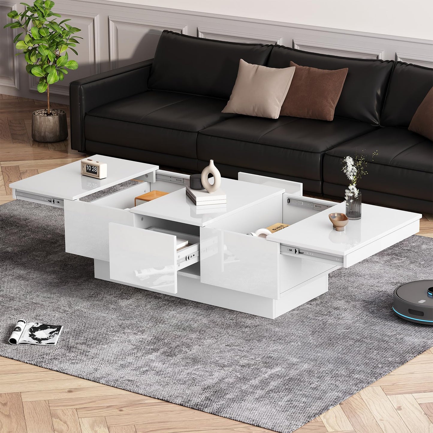 Peiaw Table Basse,Table Basse Blanche à Haute Brillance,Table Basse avec Fonction coulissante,Table Basse avec Deux tiroirs et Deux Compartiments de Rangement cachés,Table Basse 100 x 55 x 35 cm