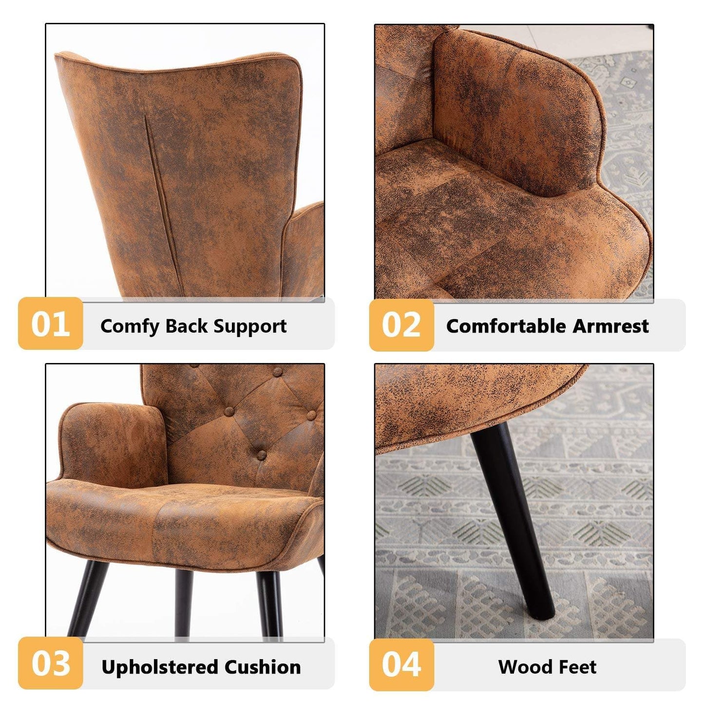 SHUGUANG Fauteuil Salon Confortable, Fauteuil Confortable Microsuède, Chaise Coiffeuse avec Cadre en Bois Massif, Style Rétro Médiéval Chaise de Lecture en Vigueur Chambre à Coucher, Salon