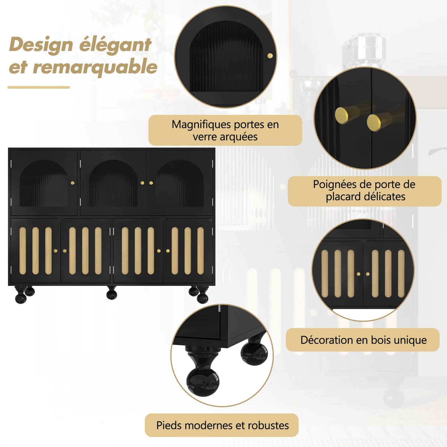 SHUGUANG 120 x 40 x 90 cm Buffet Cuisine, Armoire de Cuisine avec 3 Longues Portes Vitrées au Design Arc-en-Ciel et 4 Portes à Clés Piano, Buffet Moderne à Cuisine, Salon, Salle à Manger