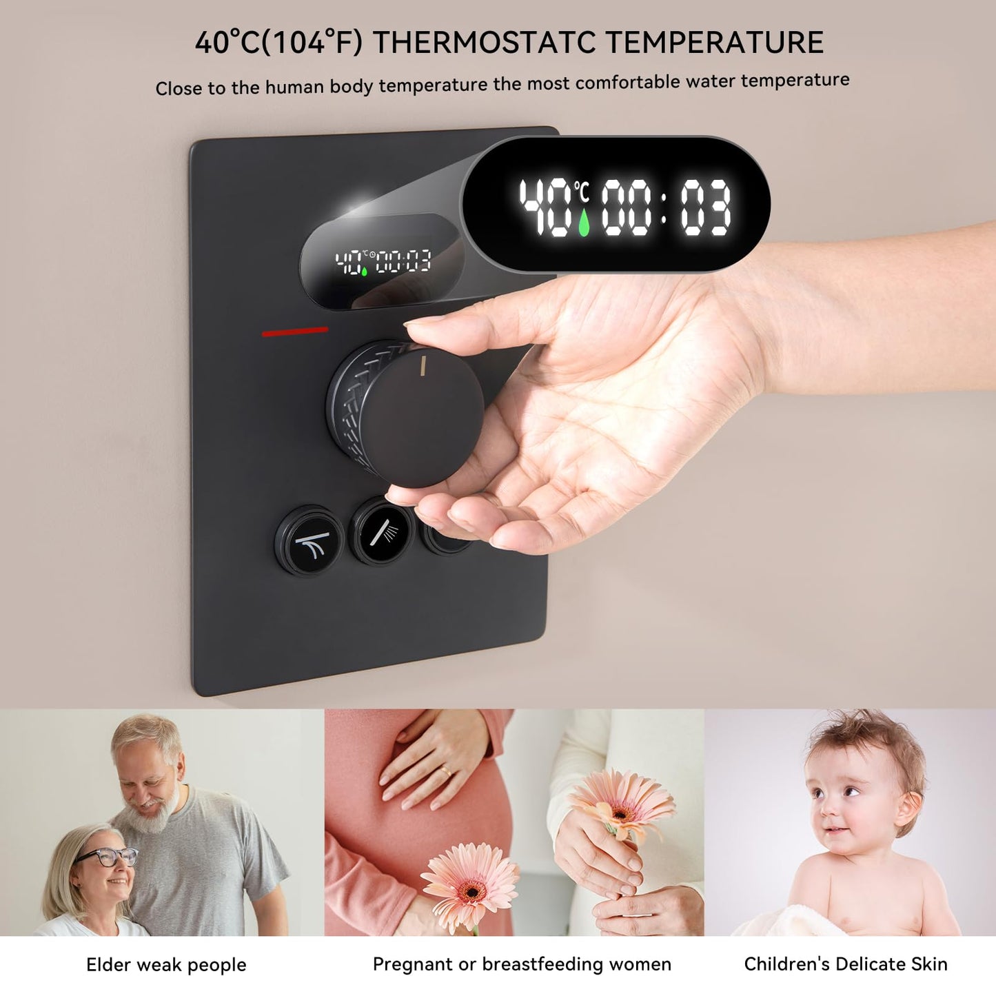 OihPaw Ensemble de Douche Encastré Colonne Douche Thermostatique Noir Système de Douche avec Affichage Numérique LED, 32CM Cascade et Pluie Tête de Douche Rond