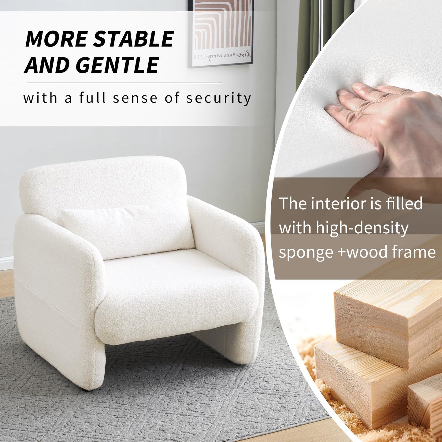 Blanc Chaise de Llecture, Fauteuil de Loisirs Teddy-Fleece-Stoff, Fauteuil salon Confortable avec Cadre en Bois Massif, Conception simple Fauteuil Chambre En Vigueur Chambre à Coucher, Salon,