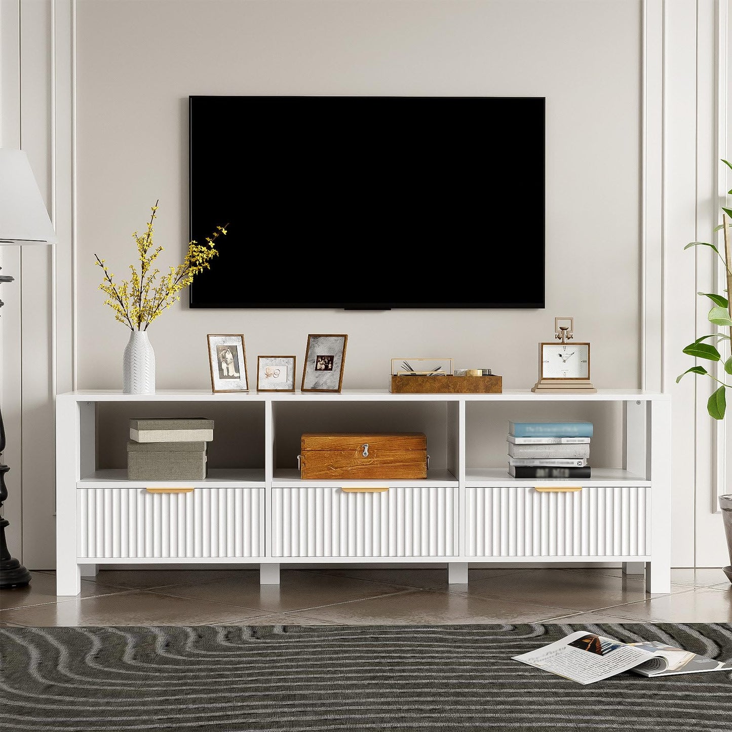 Meuble TV, Meuble Télé de Salon avec Éclairage LED 16 Couleurs, Armoire De Télévision avec 3 Tiroirs et 3 Compartiments Ouverts, Capacité de Charge de 130 lb, Poignée Dorée, 152.5 x 39.5 x 50 cm