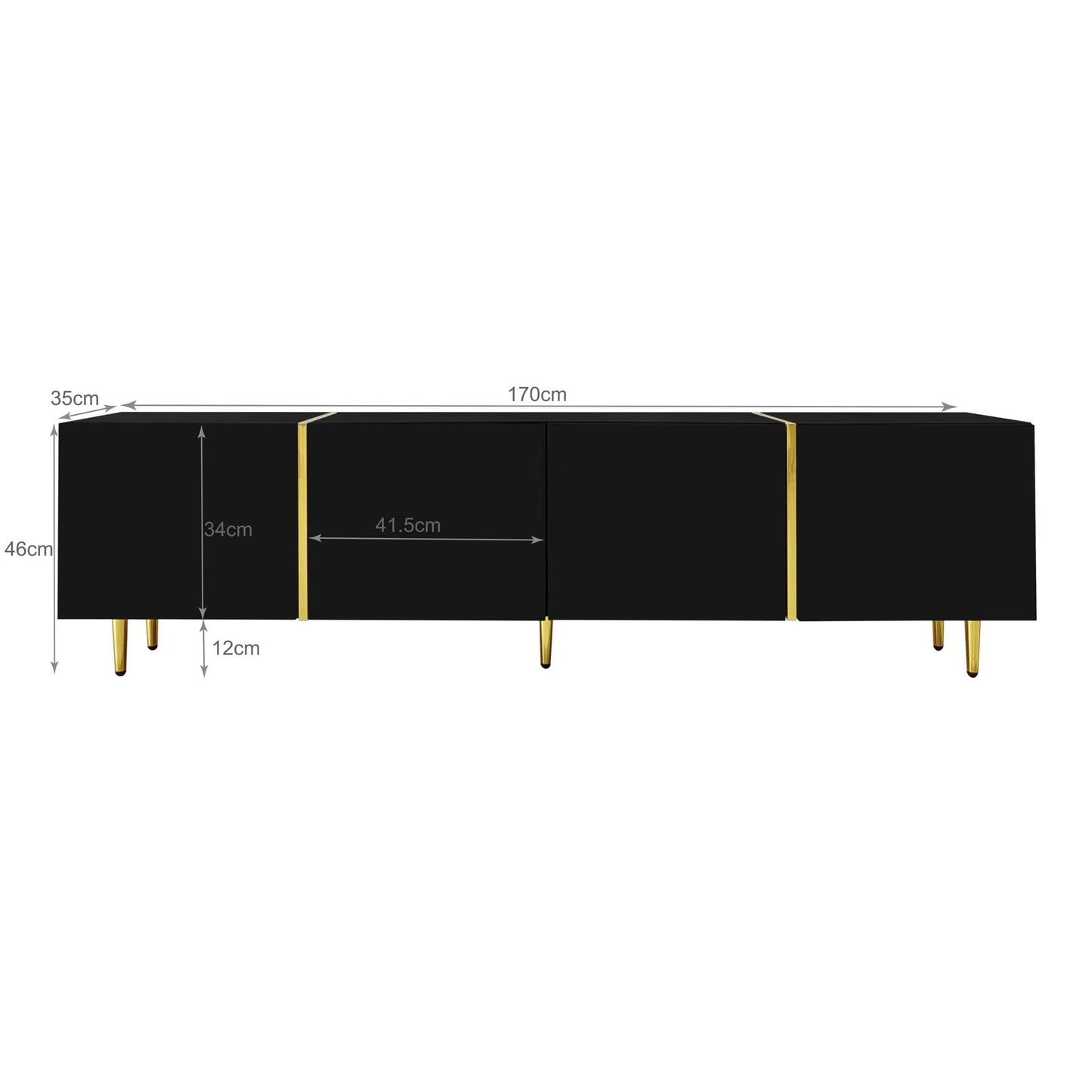 Meuble TV Moderne et Simple, 170 cm Banc TV Brillant avec Quatre Portes, Accents Dorés, Console Multimédia TV pour Les TV jusqu'à 70", Grand Espace de Rangement, Meuble Salon, Facile à Assembler
