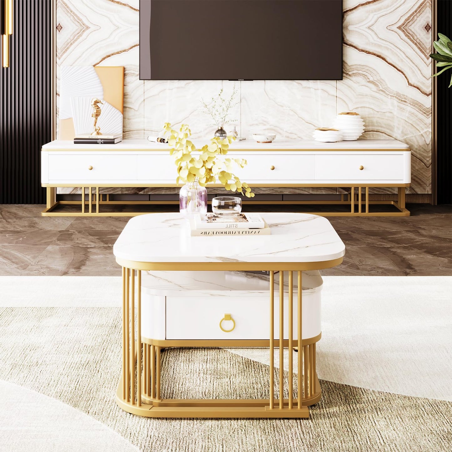 Peiaw Table Basse,Lot de 2 Tables Basses carrées,Aspect marbre Brillant Blanc,Or Structure en métal et poignée dorée,Ensemble de Tables de Salon avec tiroirs,Table de Salon 60x60x45cm & 50x50x34cm