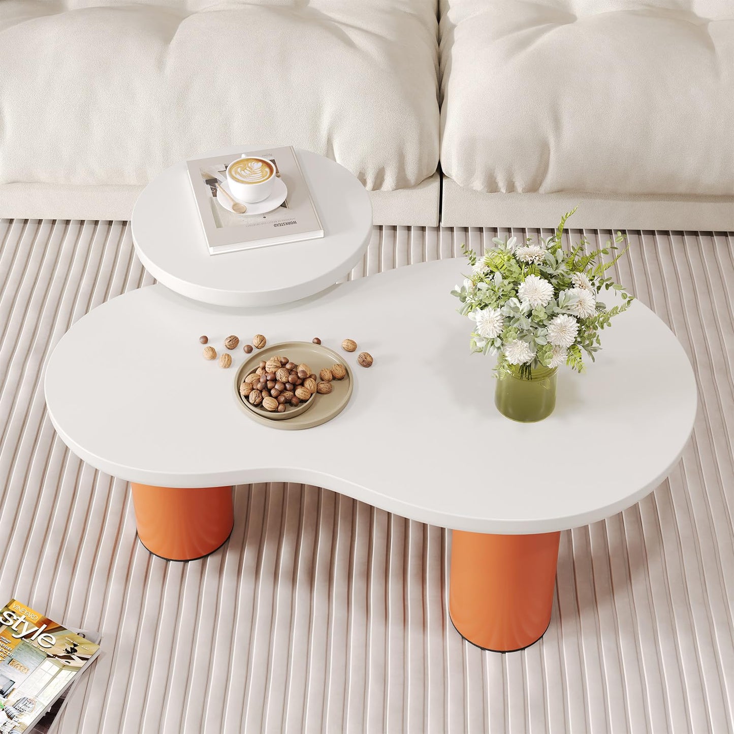 Peiaw Table Basse,Table Basse Minimaliste Moderne,Ensemble de Table Basse en Forme de Nuage,Table Basse Blanche et Orange,Colonne de Support cylindrique,Table Basse 39,8x39,8x42,2 + 99,5x58x35,5 cm