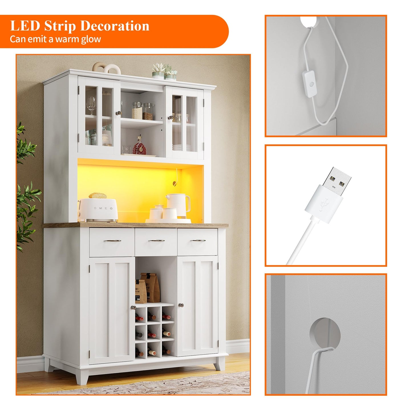 Armoire de Cuisine, Enfilade Buffet Haute, Vitrine avec Étagères Réglables et Casier à Vin, Buffet de Salon avec Éclairage LED, Beaucoup D'espace de Rangement, 106*40*179.5cm (Tiroirs Blanc/Bois)