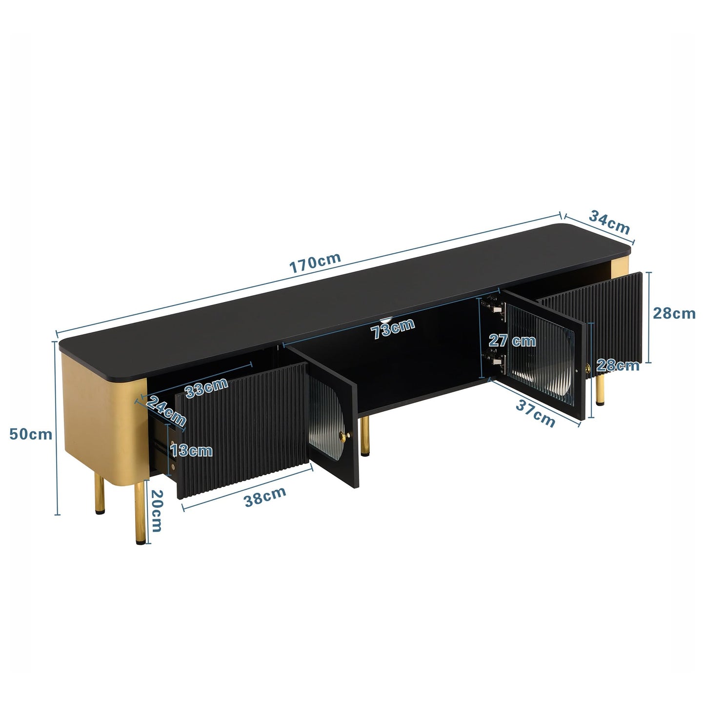 Meuble TV Moderne 170 cm Banc TV pour Téléviseurs Jusqu'à 65 Pouces, Tiroirs et Panneaux de Porte de Forme Spéciale, Poignées et Pieds Dorés, Forme D'arc, Élégant Luxueux Meuble Salon, Meuble TV Bas