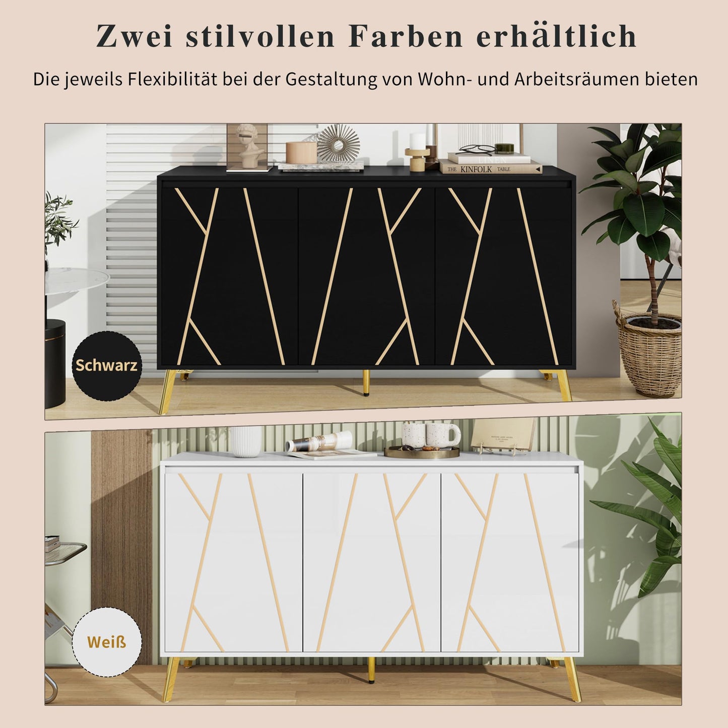 Buffet de Style Moderne au Design Unique Bahut avec 3 Portes, Sans Poignées, Armoire Latérale de Salon, Meuble Buffet de Cuisine, Armoire de Rangement pour Salle à Manger, Entrée (Blanc/Noir)