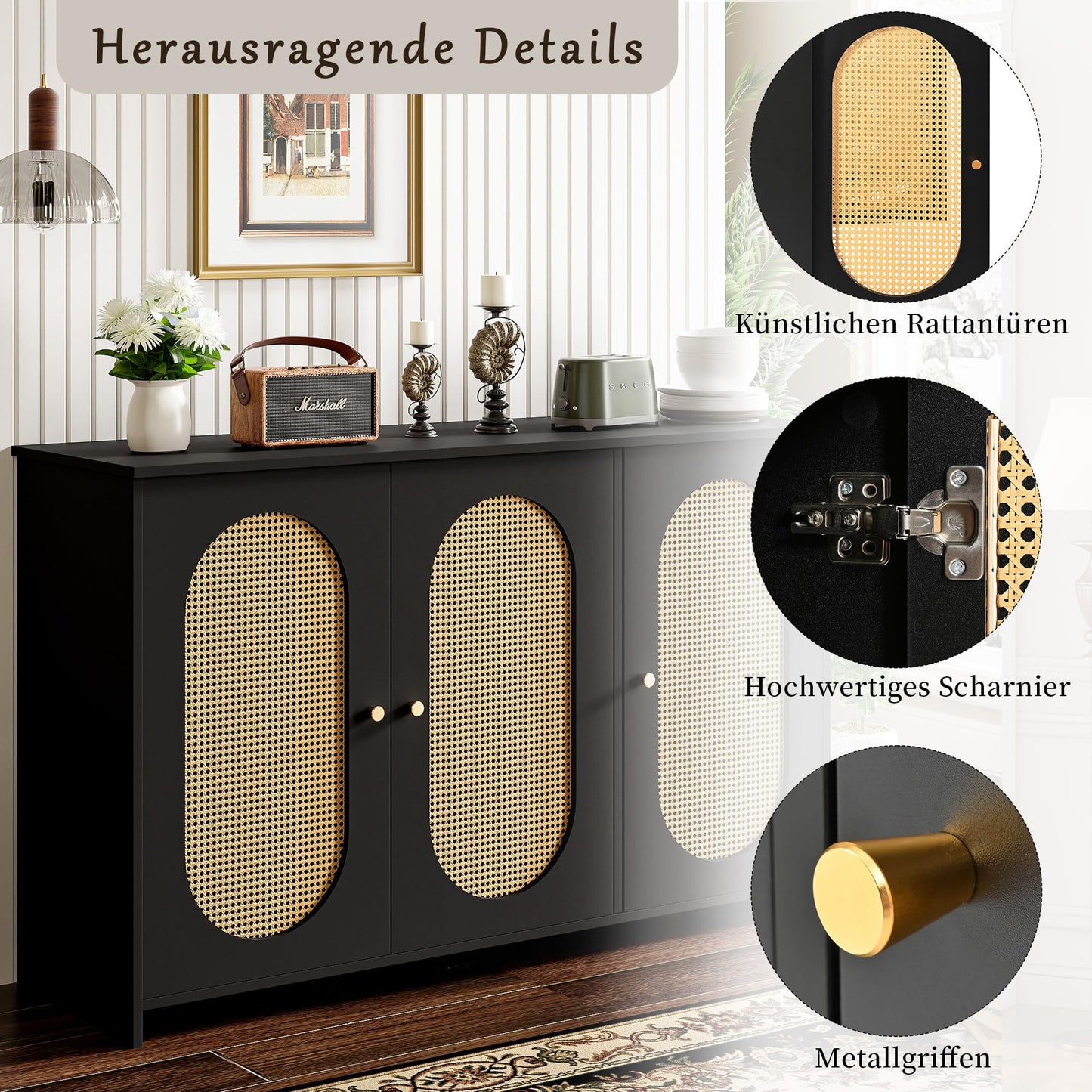 SHUGUANG 125 x 38 x 78 cm Buffet Moderne, Armoire Cuisine avec 3 Portes d'armoire Avoir Grand Espace de Rangement et Portes en Rotin Artificiel, Buffet de Salon Applicables à Salon, Salle à Manger