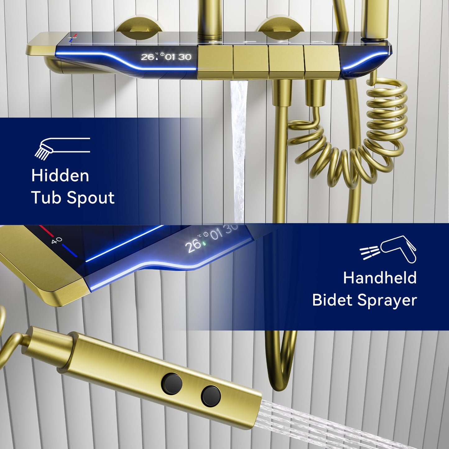 Colonne de Douche Thermostatique Doré Systeme de Douche Piano avec éclairage d'ambiance LED, Ensemble de Douche Mitigeur Hauteur Réglable avec Douche de Tête et Douchette, Baignoire Cascade