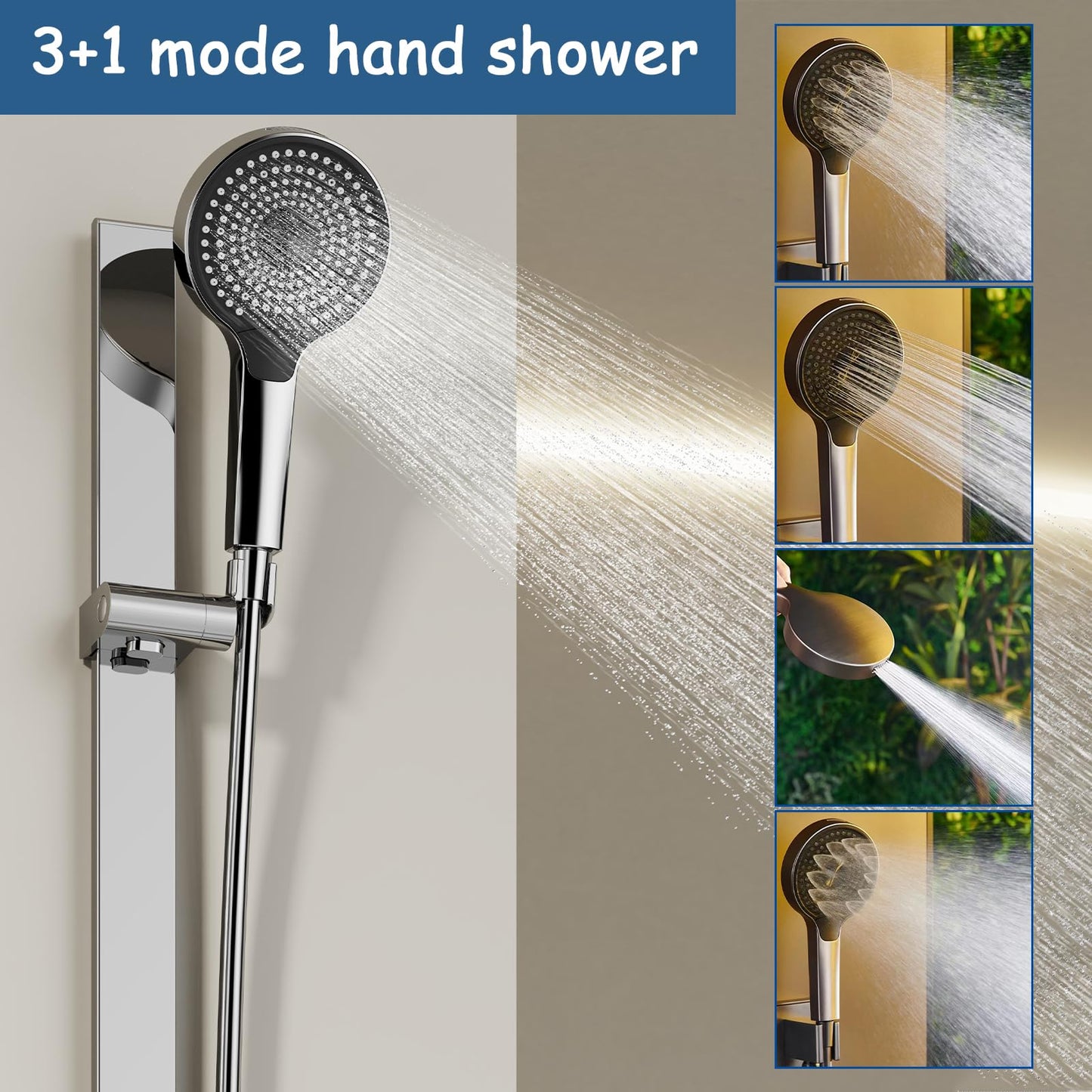 Robinet de Baignoire avec Douchette 3 Jets, Mitigeur Baignoire Cascade Mitigeur de Baignoire Mural Robinet Baignoire avec 150cm Tuyau et Tringle de Douche Réglable (Chrome)