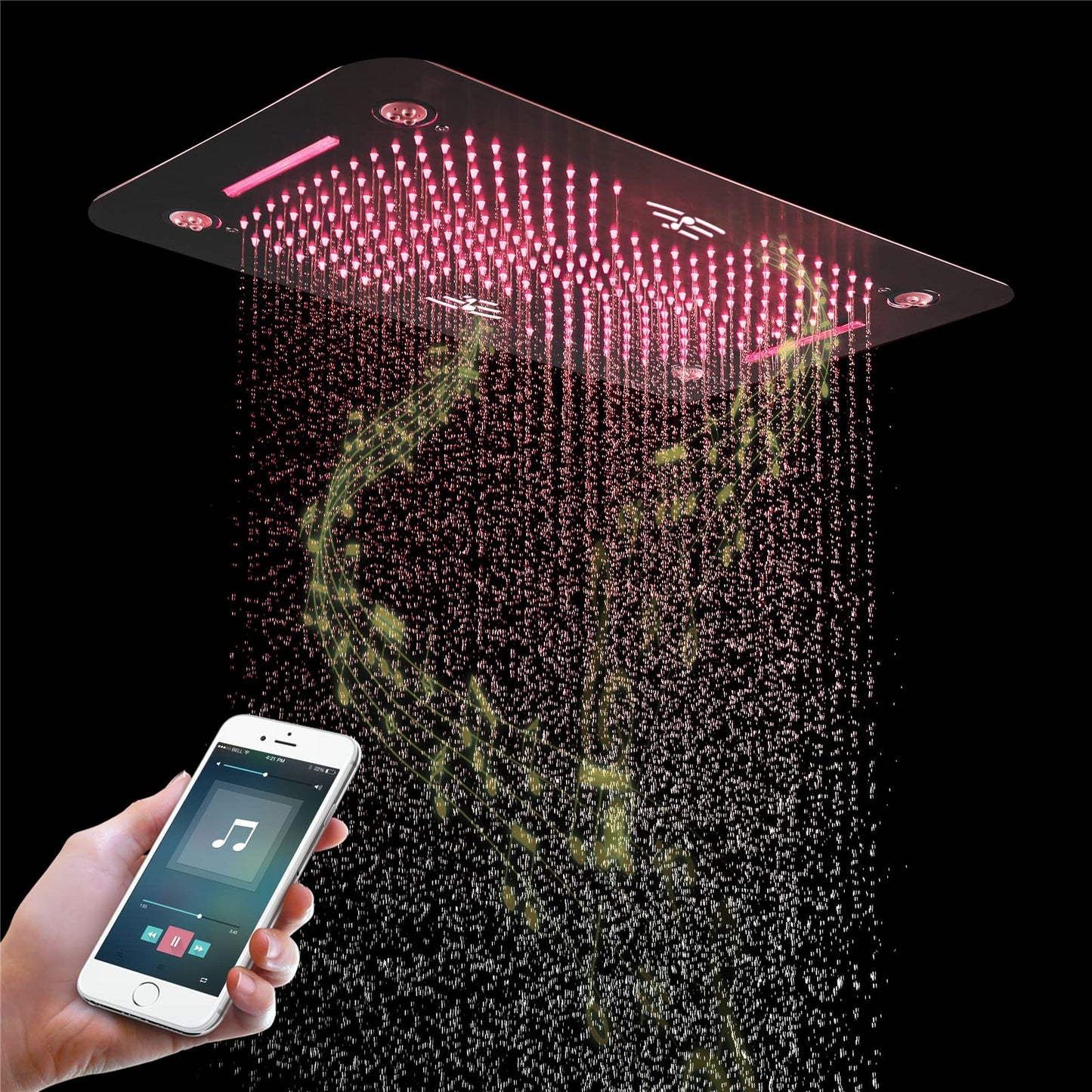 Colonne de Douche Thermostatique Système de Douche Encastrable, Musique 64 Couleurs LED Ensemble de Douche avec 6pcs 50 mm Buse de Massage, Noir Colonne Douche avec 580 * 380 mm Tête de Douche